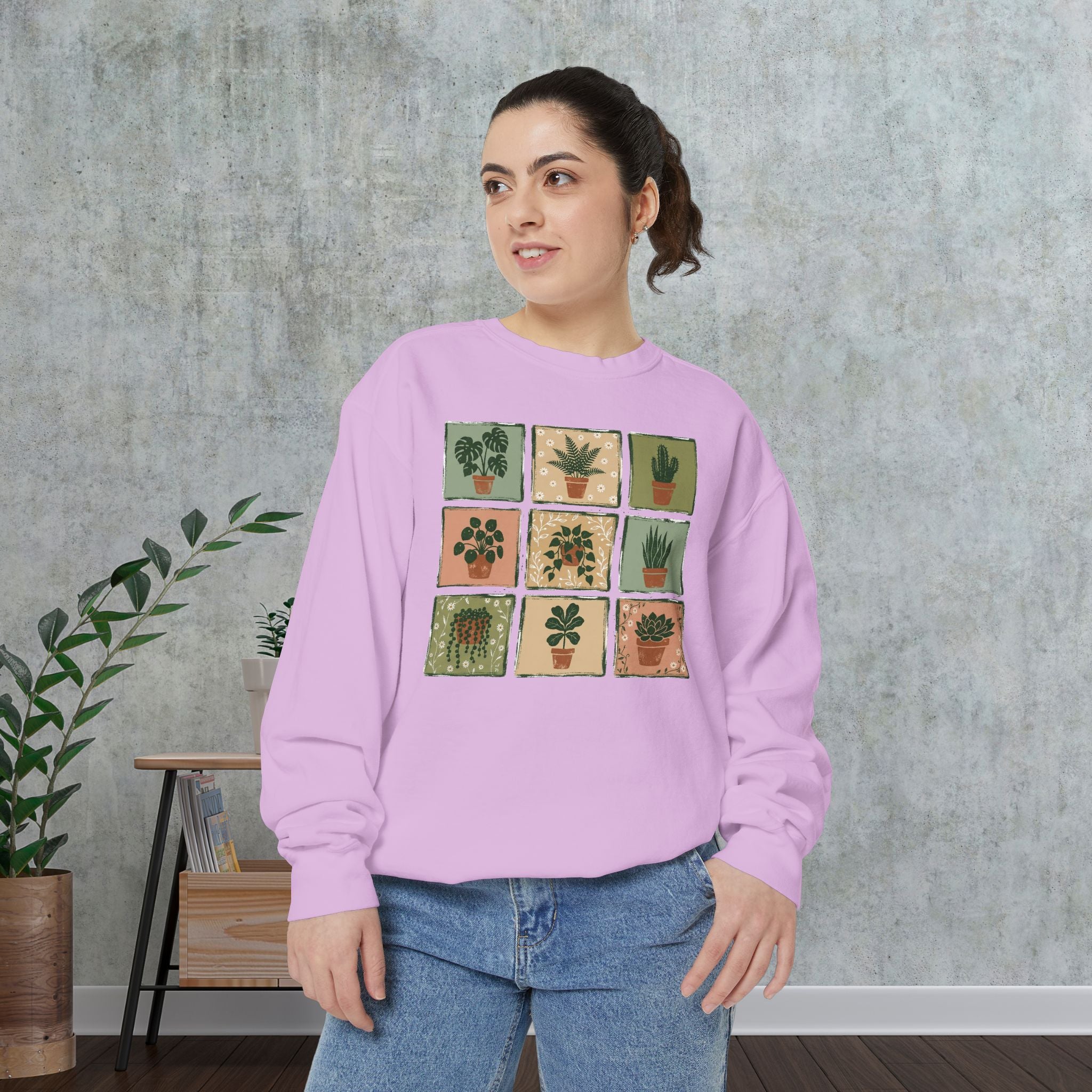Plant Grid Sweatshirt — Vintage Potted Succulents Crewneck