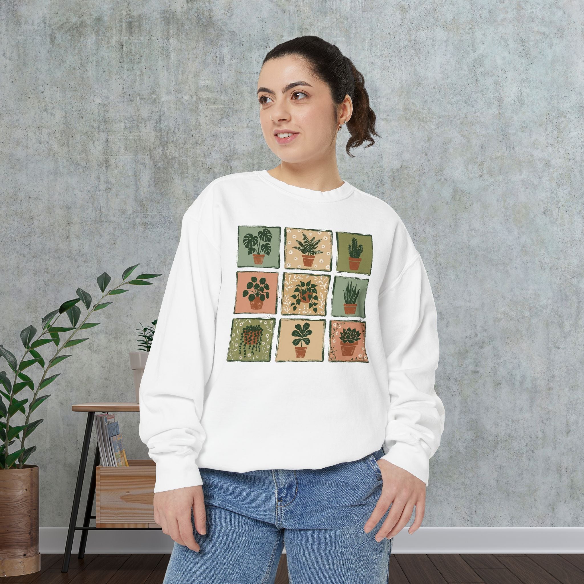 Plant Grid Sweatshirt — Vintage Potted Succulents Crewneck