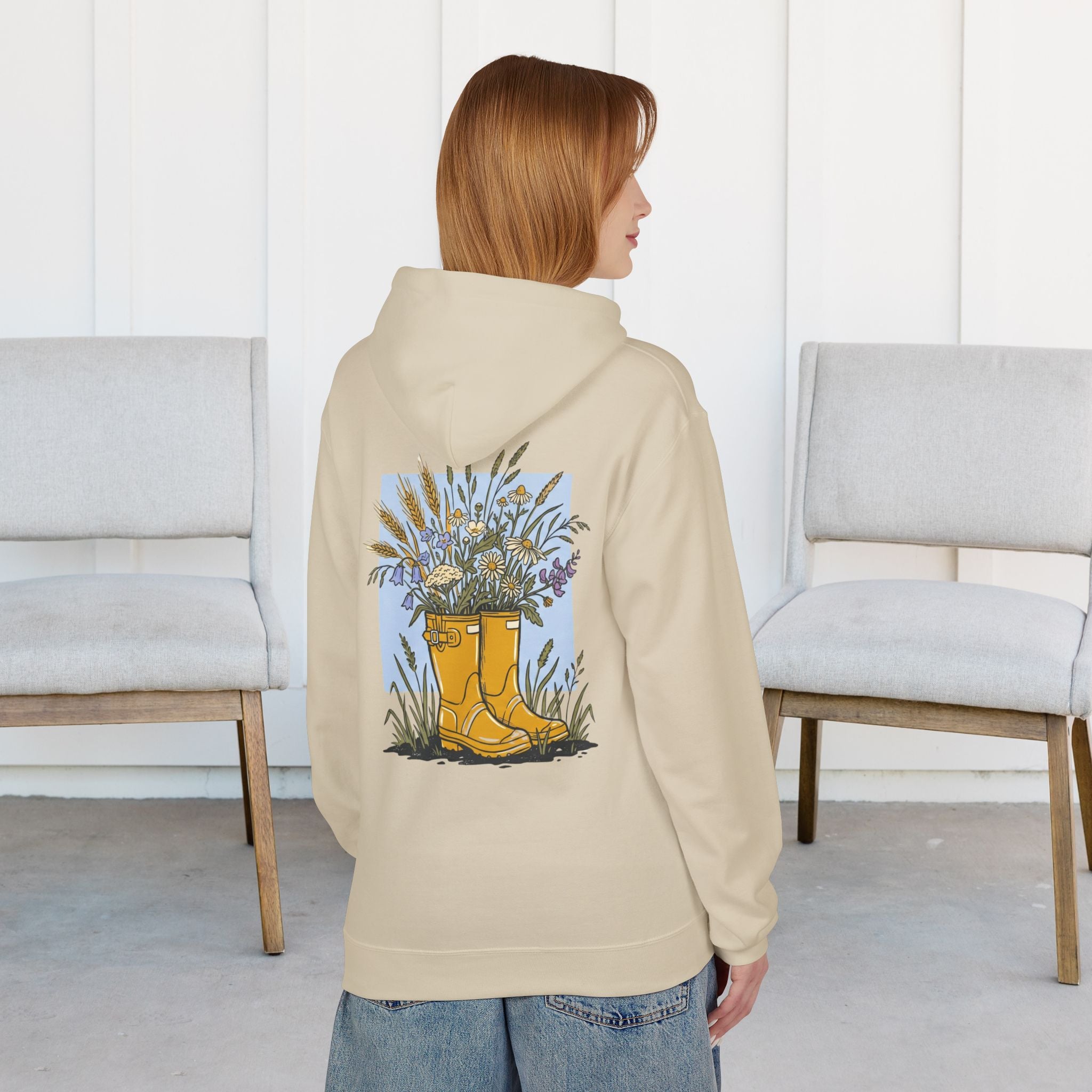 Gardening Boots Floral Hoodie — Yellow Wellies & Wildflowers Pullover