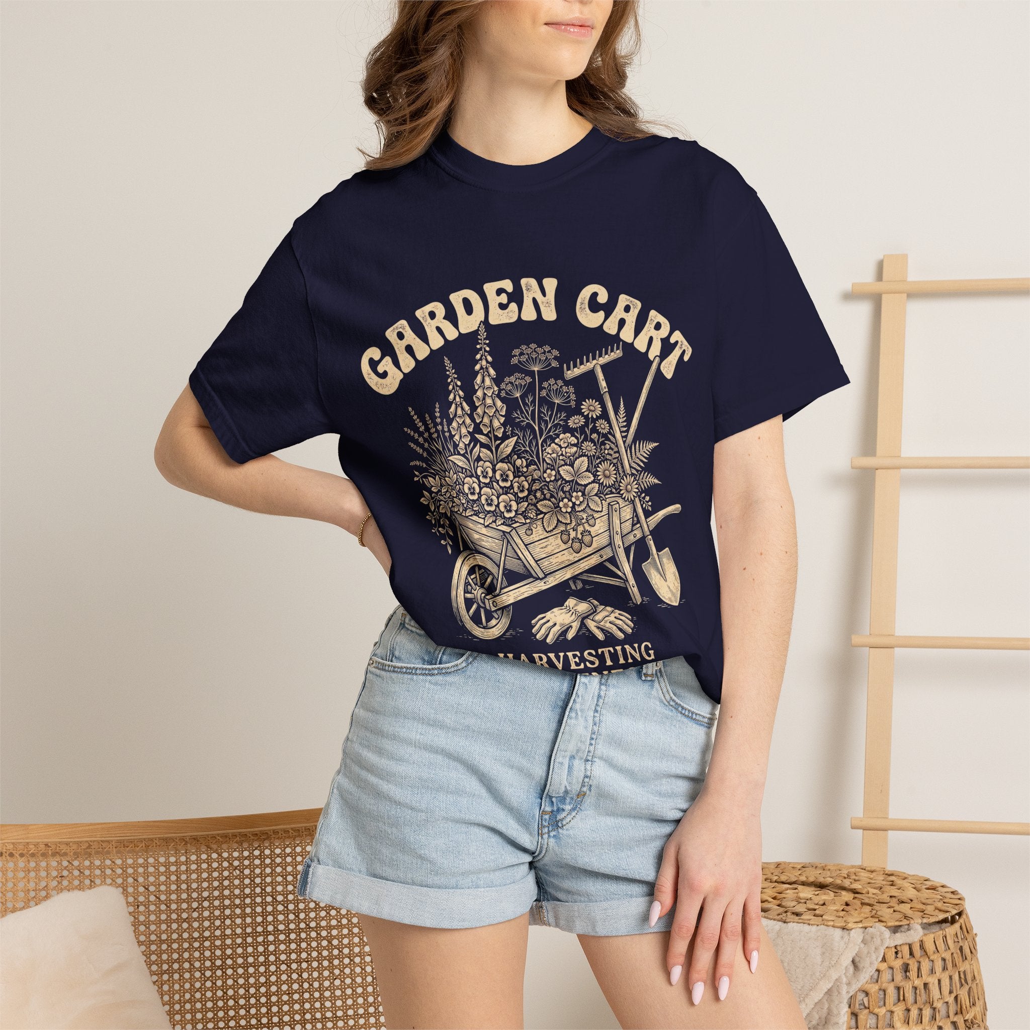 Garden Cart T-Shirt — "Harvesting Happiness Daily" Vintage Gardening Tee