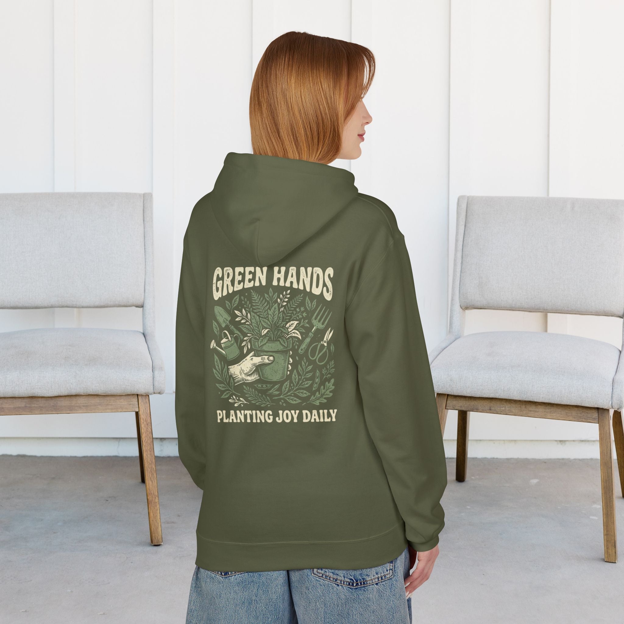 Gardener Hoodie — "Green Hands: Planting Joy Daily" Back Graphic