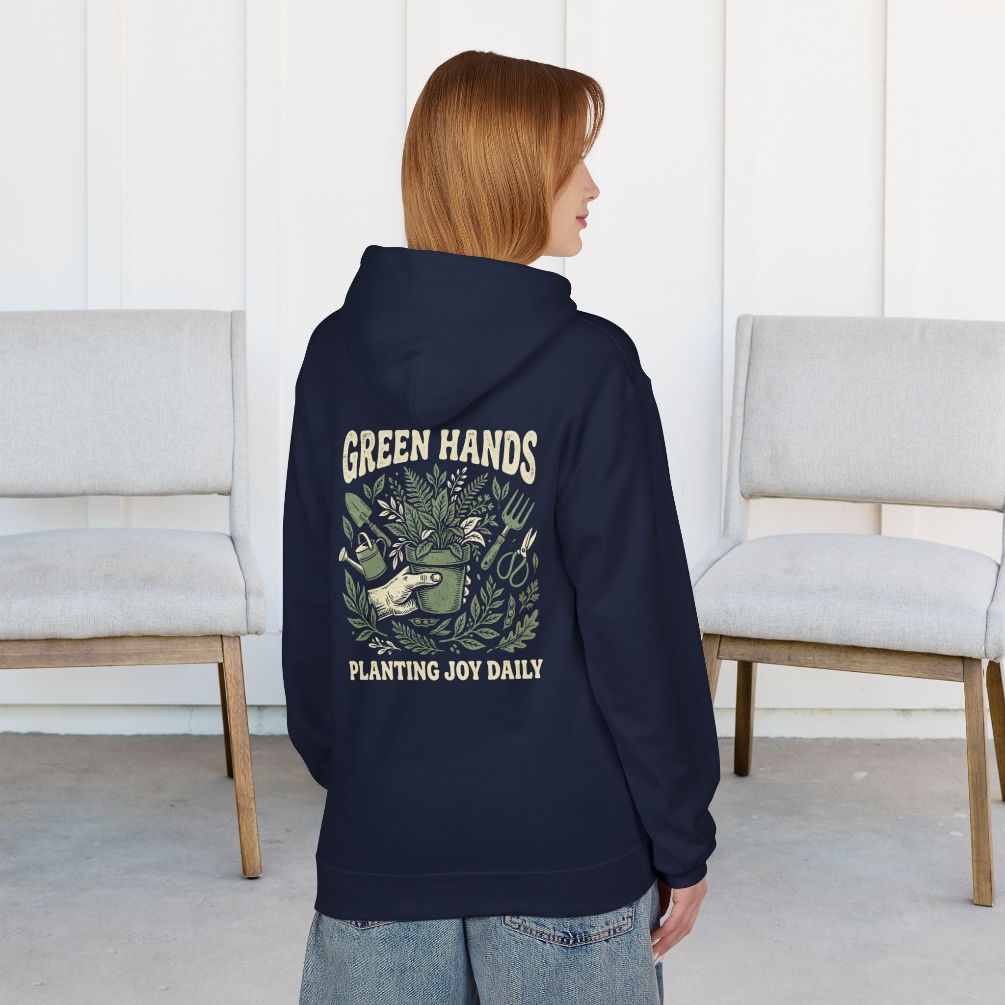 Gardener Hoodie — "Green Hands: Planting Joy Daily" Back Graphic