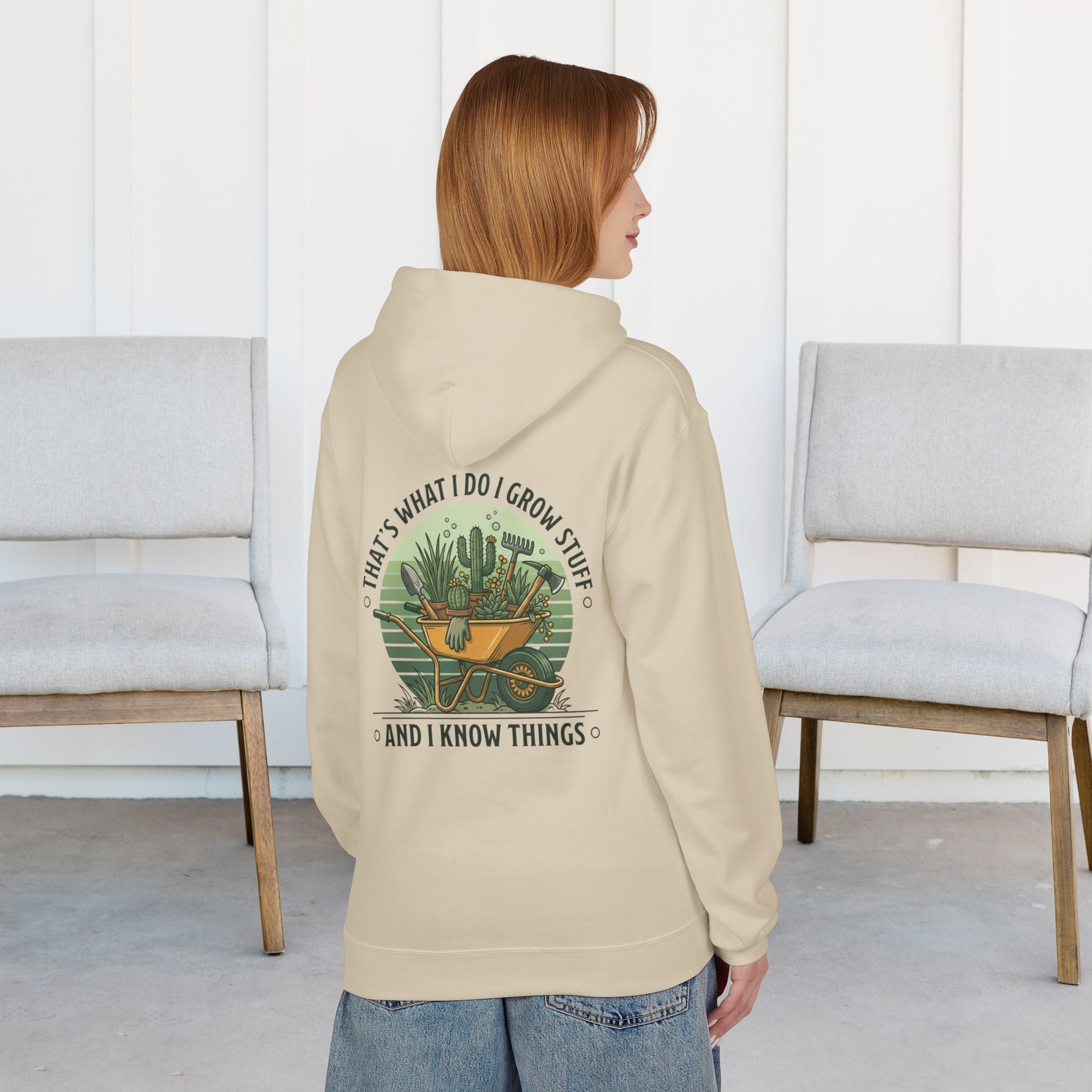 Gardening Hoodie — “I Grow Stuff and I Know Things” Retro Cactus Design