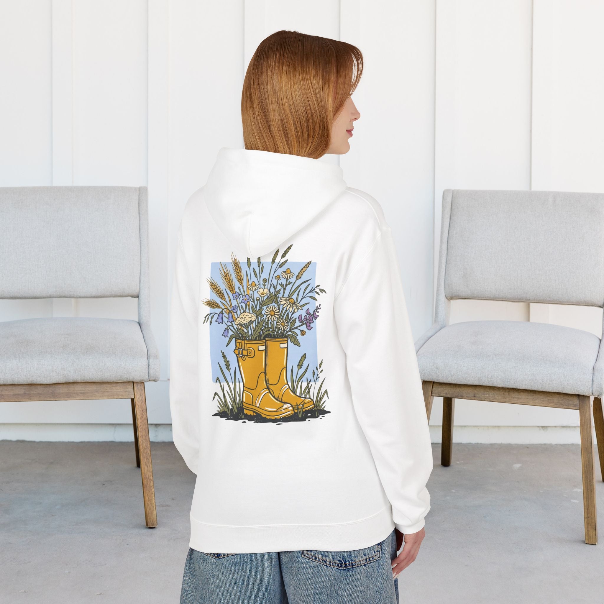 Gardening Boots Floral Hoodie — Yellow Wellies & Wildflowers Pullover