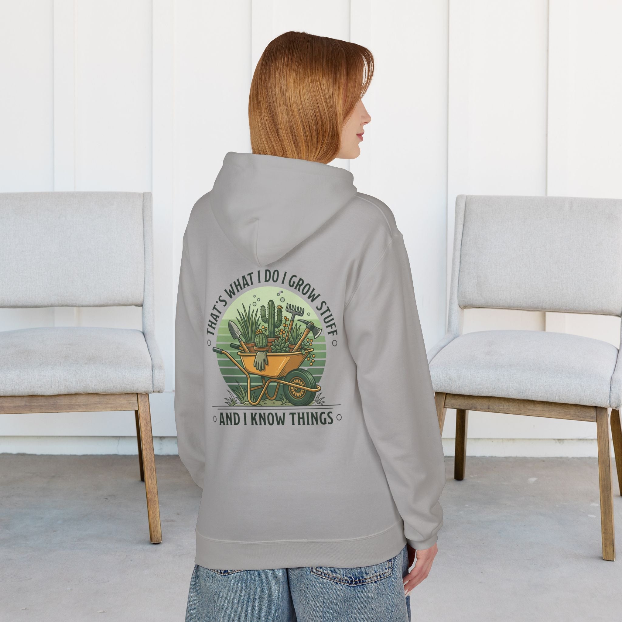 Gardening Hoodie — “I Grow Stuff and I Know Things” Retro Cactus Design