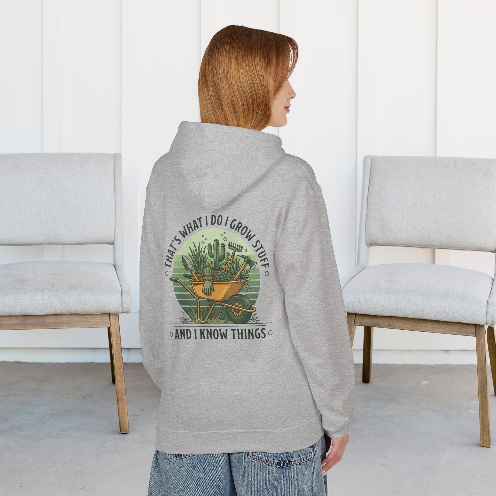 Gardening Hoodie — “I Grow Stuff and I Know Things” Retro Cactus Design