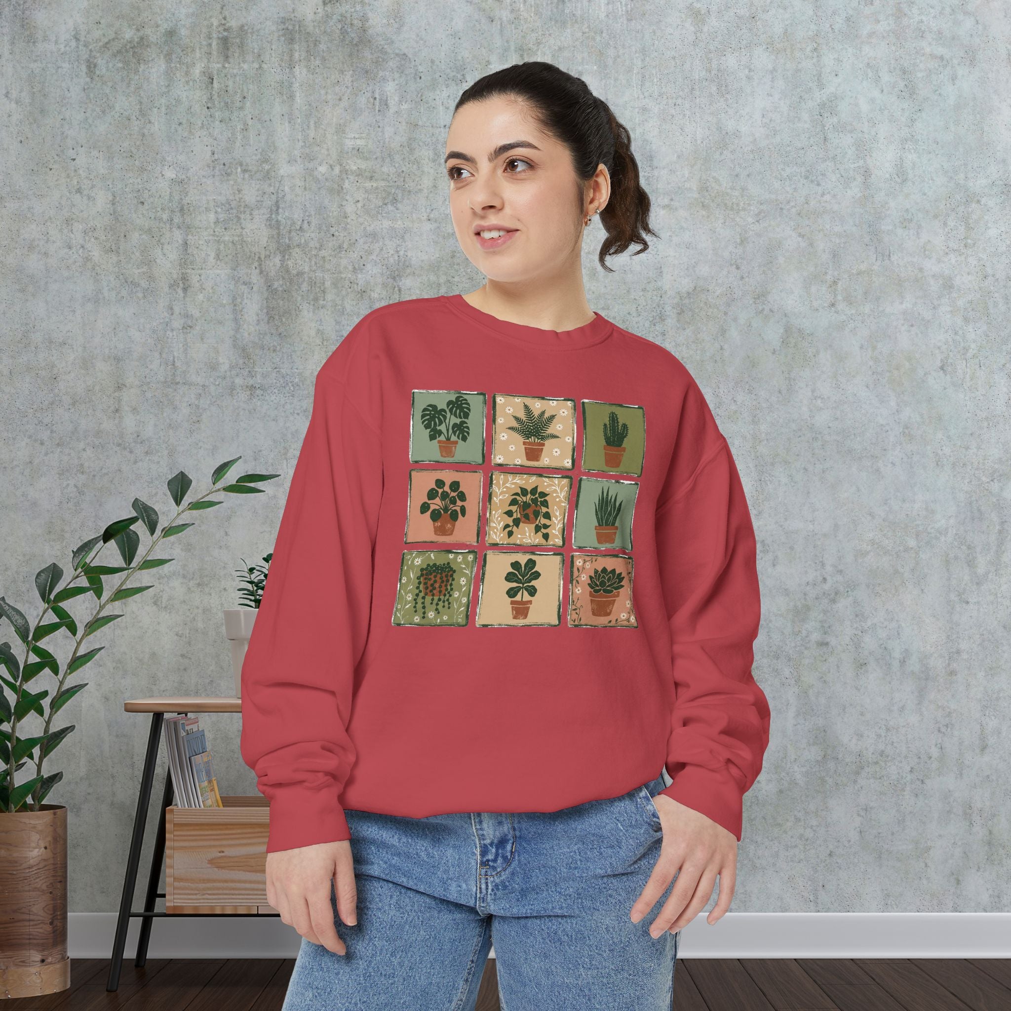 Plant Grid Sweatshirt — Vintage Potted Succulents Crewneck
