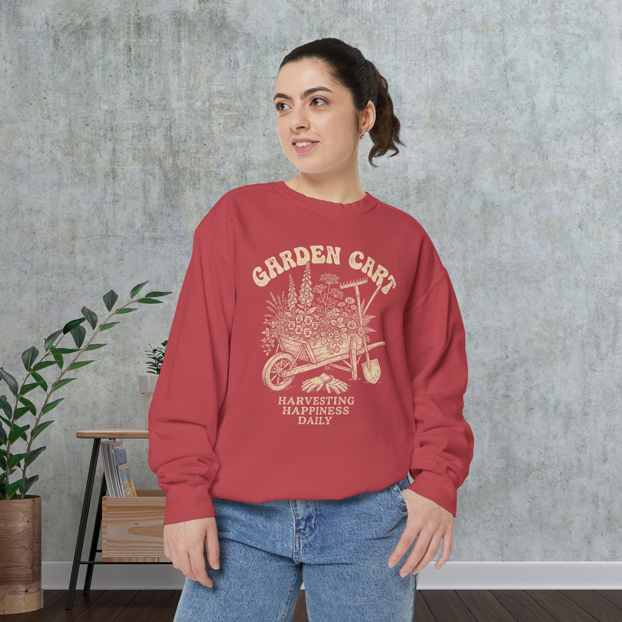 Garden Cart Sweatshirt — "Harvesting Happiness Daily" Cozy Gardener Crewneck