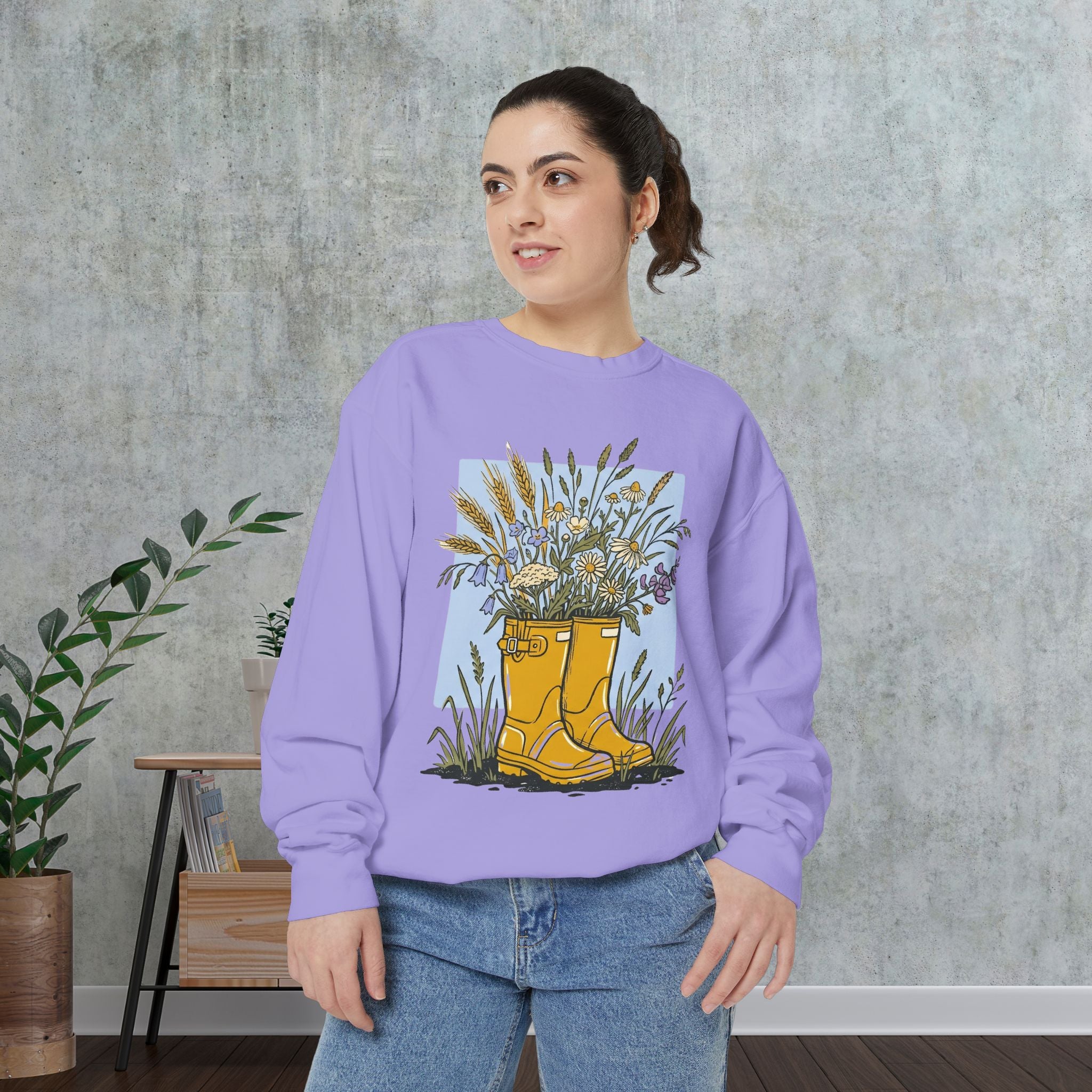 Sweatshirt — Yellow Rain Boots with Wildflowers Graphic