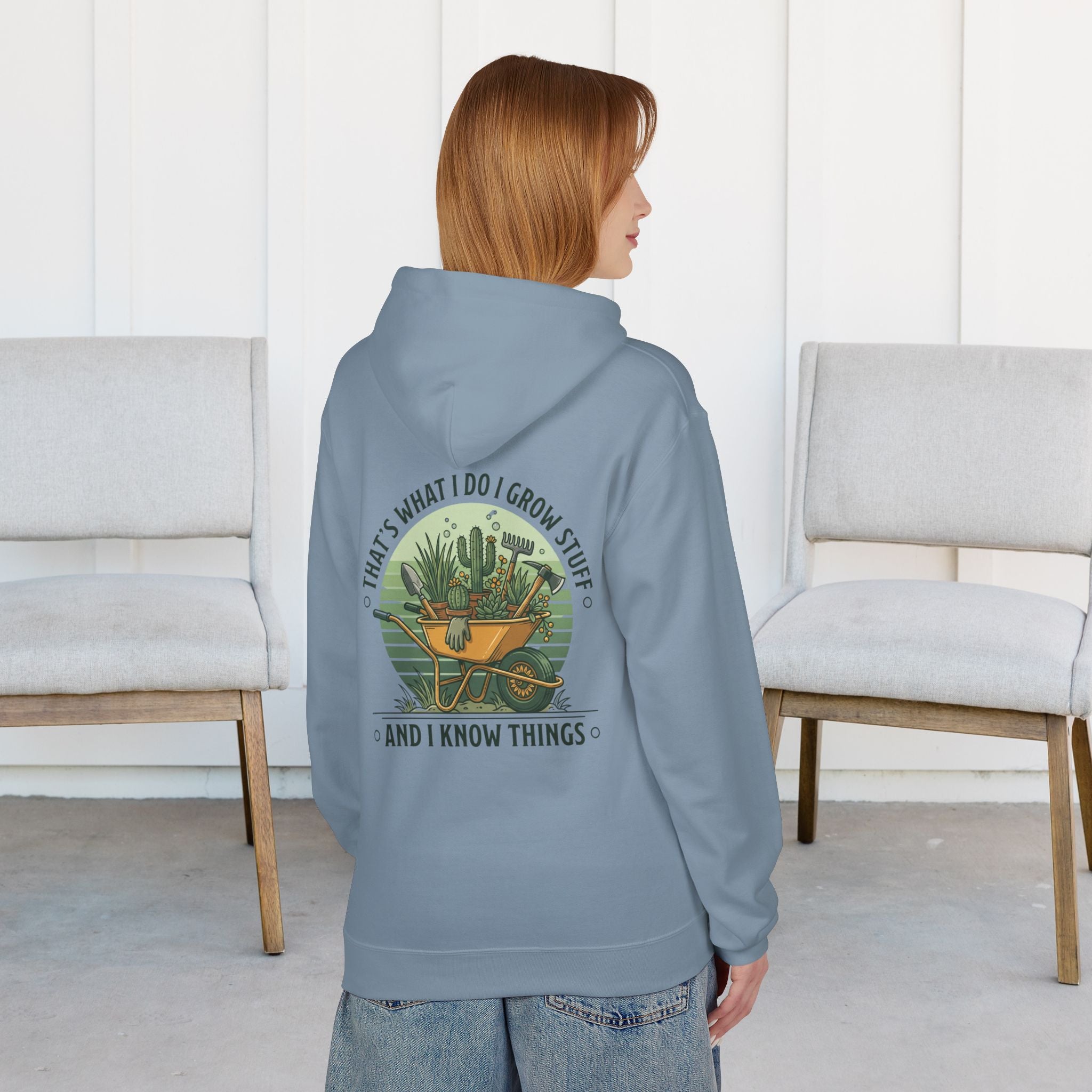 Gardening Hoodie — “I Grow Stuff and I Know Things” Retro Cactus Design