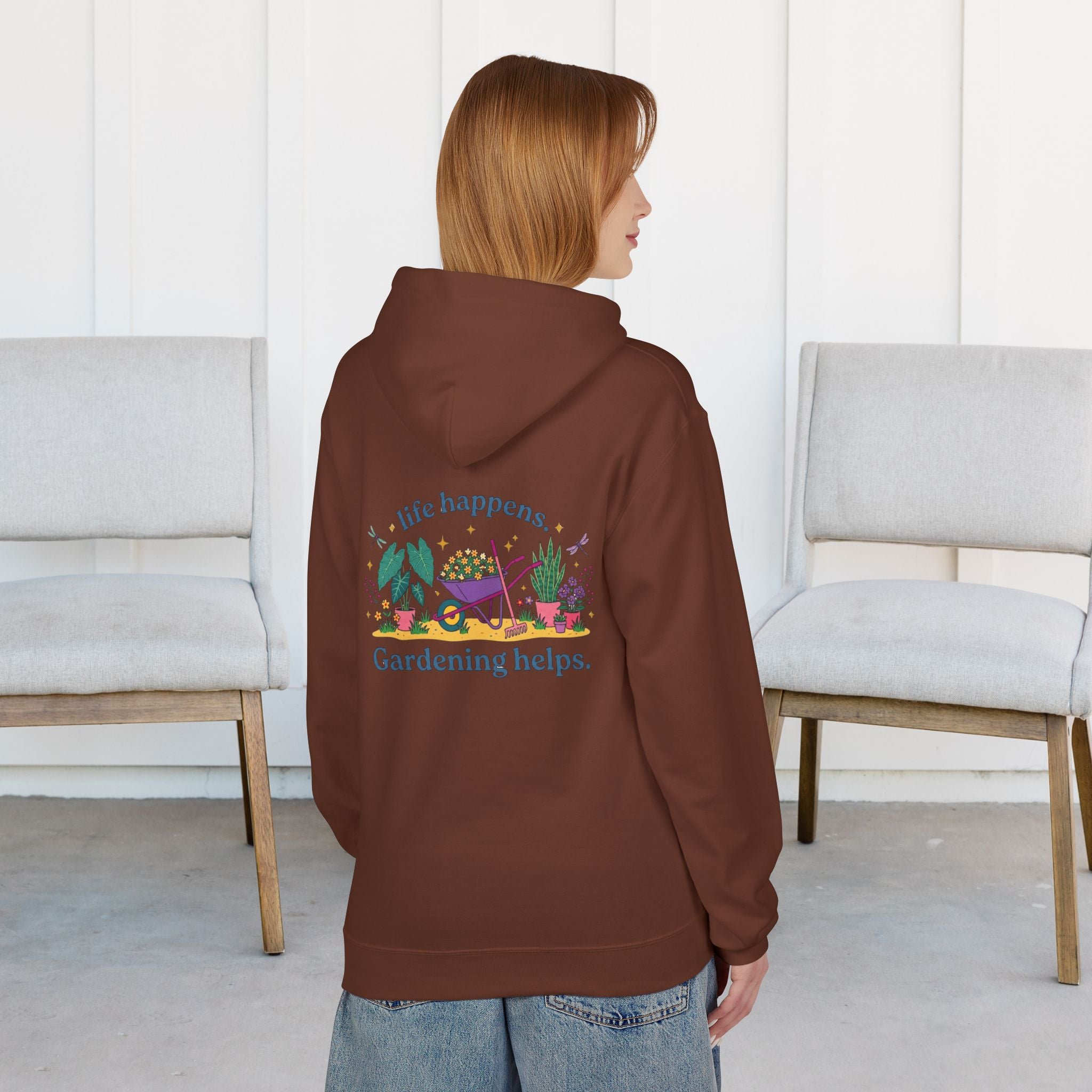 Gardening Hoodie – “Life Happens. Gardening Helps.” Cozy Plant Lover Pullover