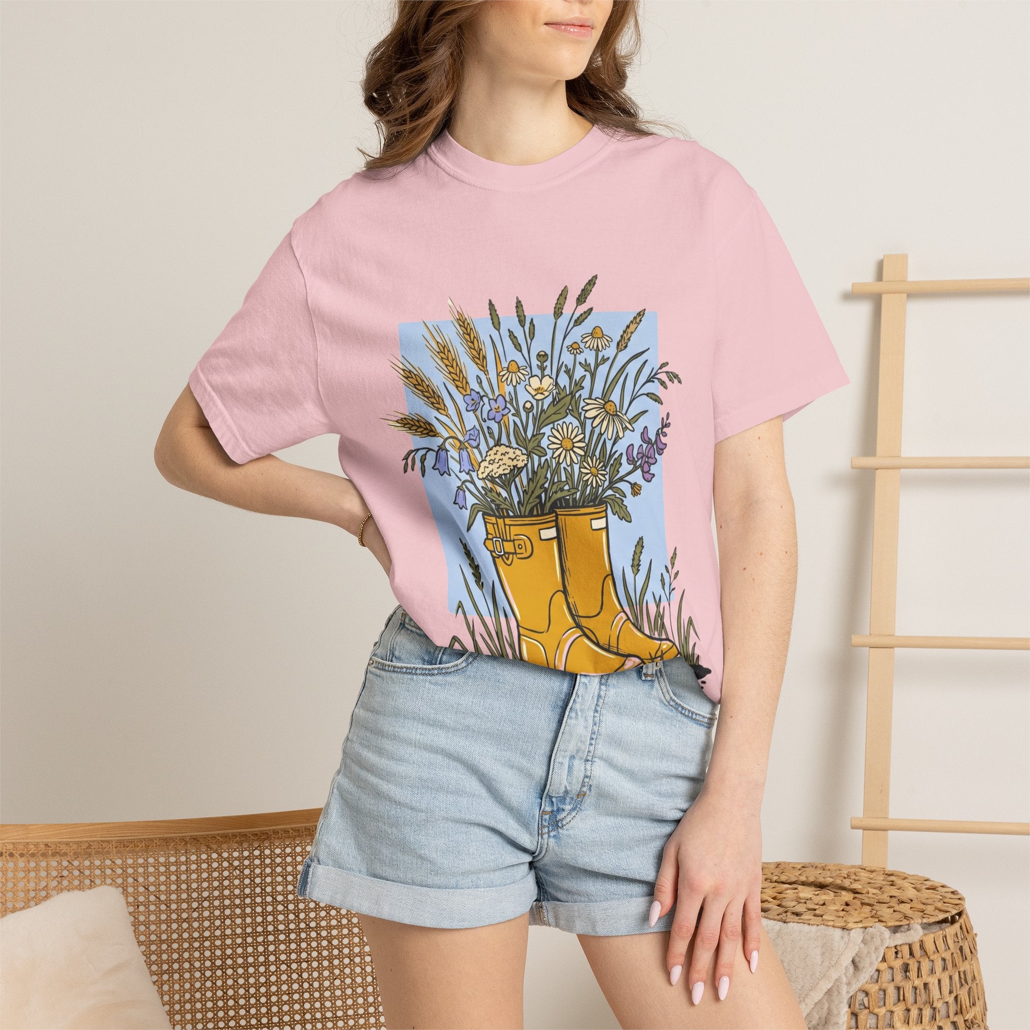 Boots & Wildflowers T-Shirt — Yellow Rain Boot Floral Graphic Tee