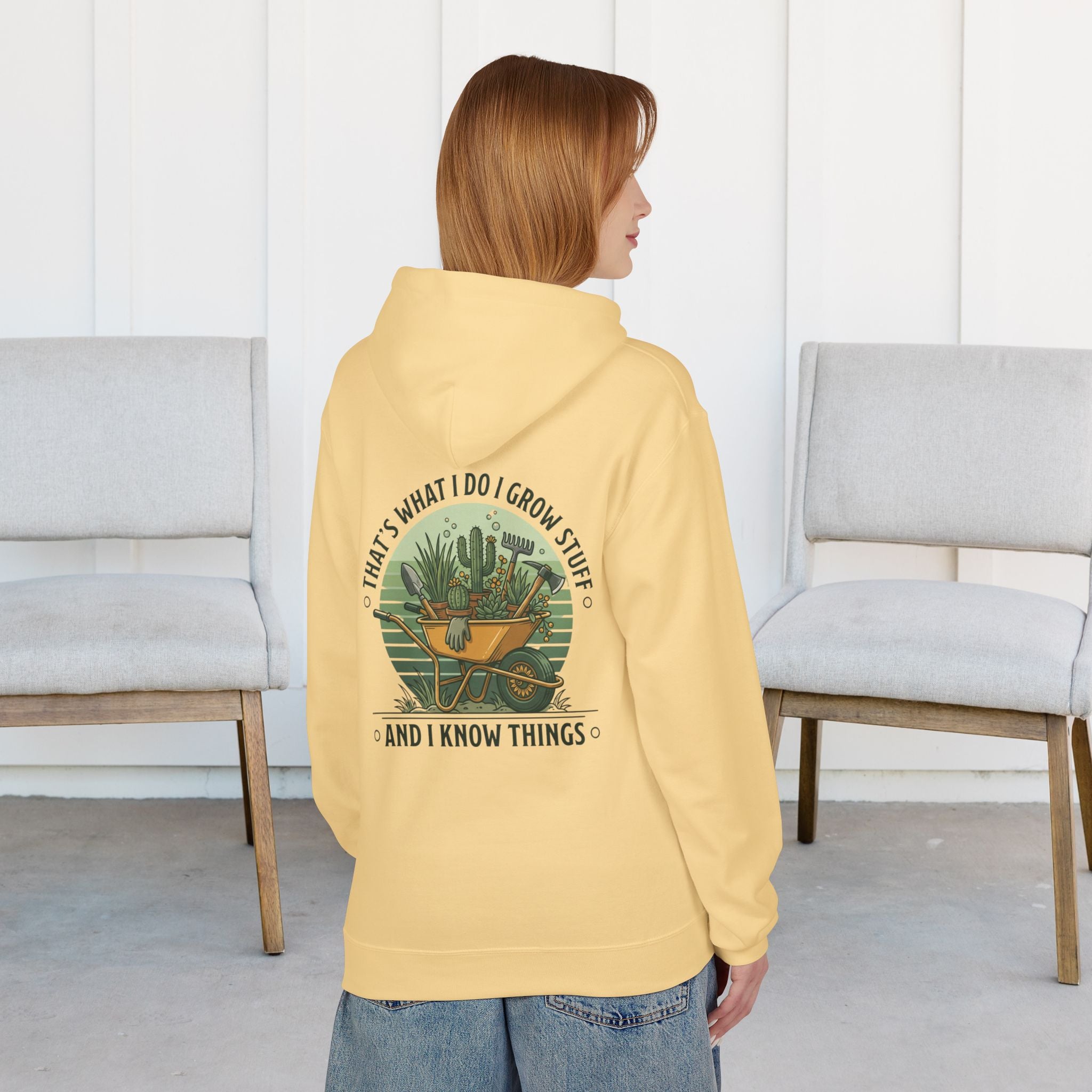 Gardening Hoodie — “I Grow Stuff and I Know Things” Retro Cactus Design
