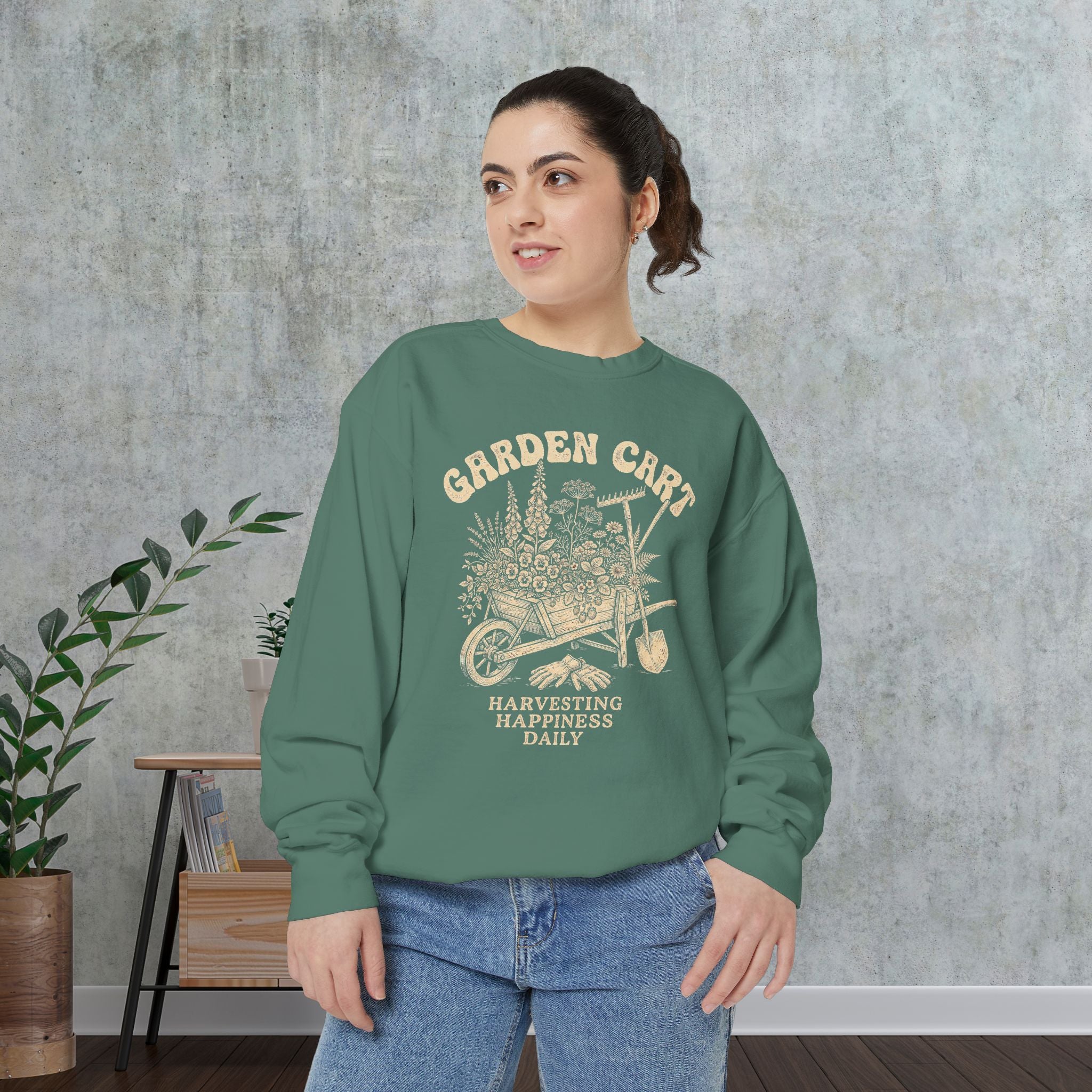 Garden Cart Sweatshirt — "Harvesting Happiness Daily" Cozy Gardener Crewneck