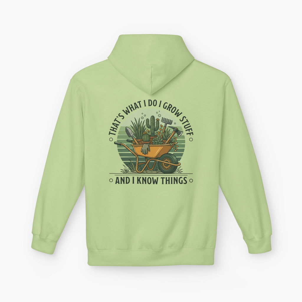 Gardening Hoodie — “I Grow Stuff and I Know Things” Retro Cactus Design