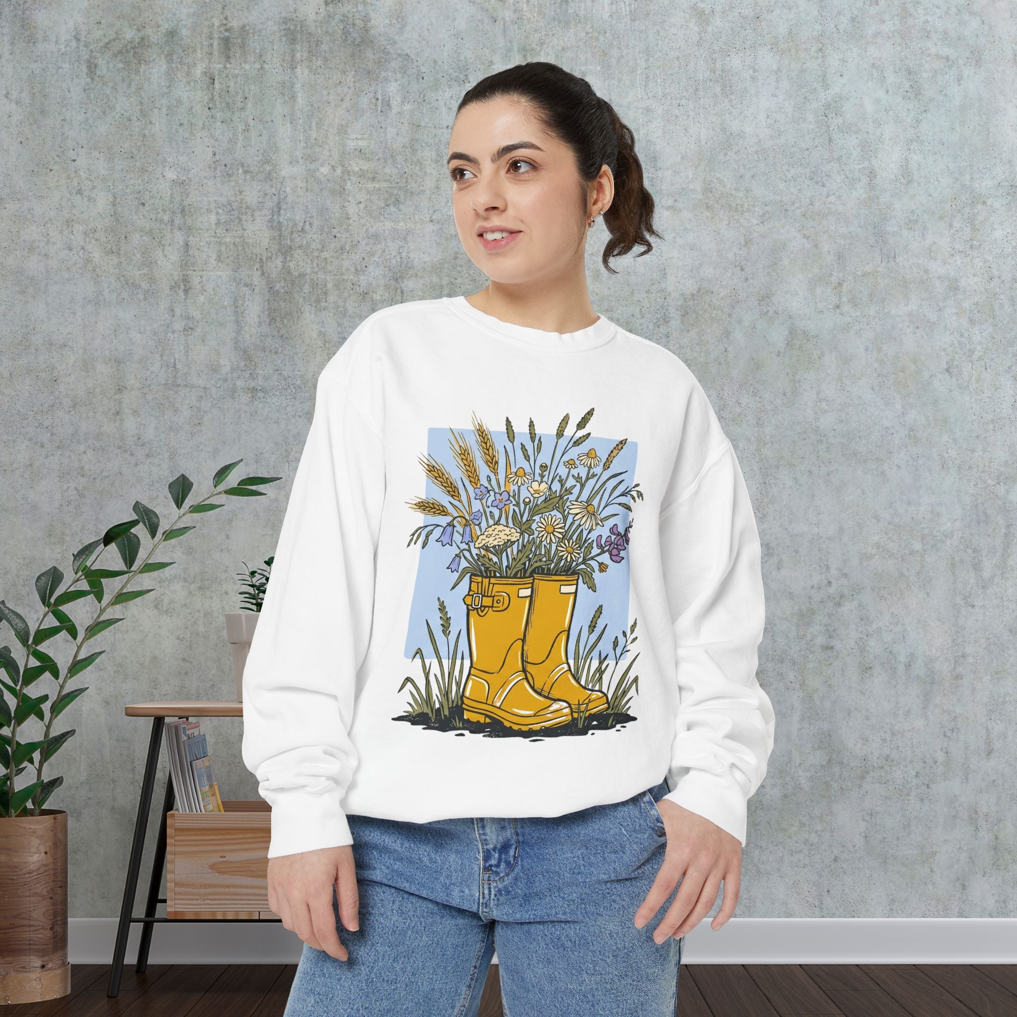 Sweatshirt — Yellow Rain Boots with Wildflowers Graphic
