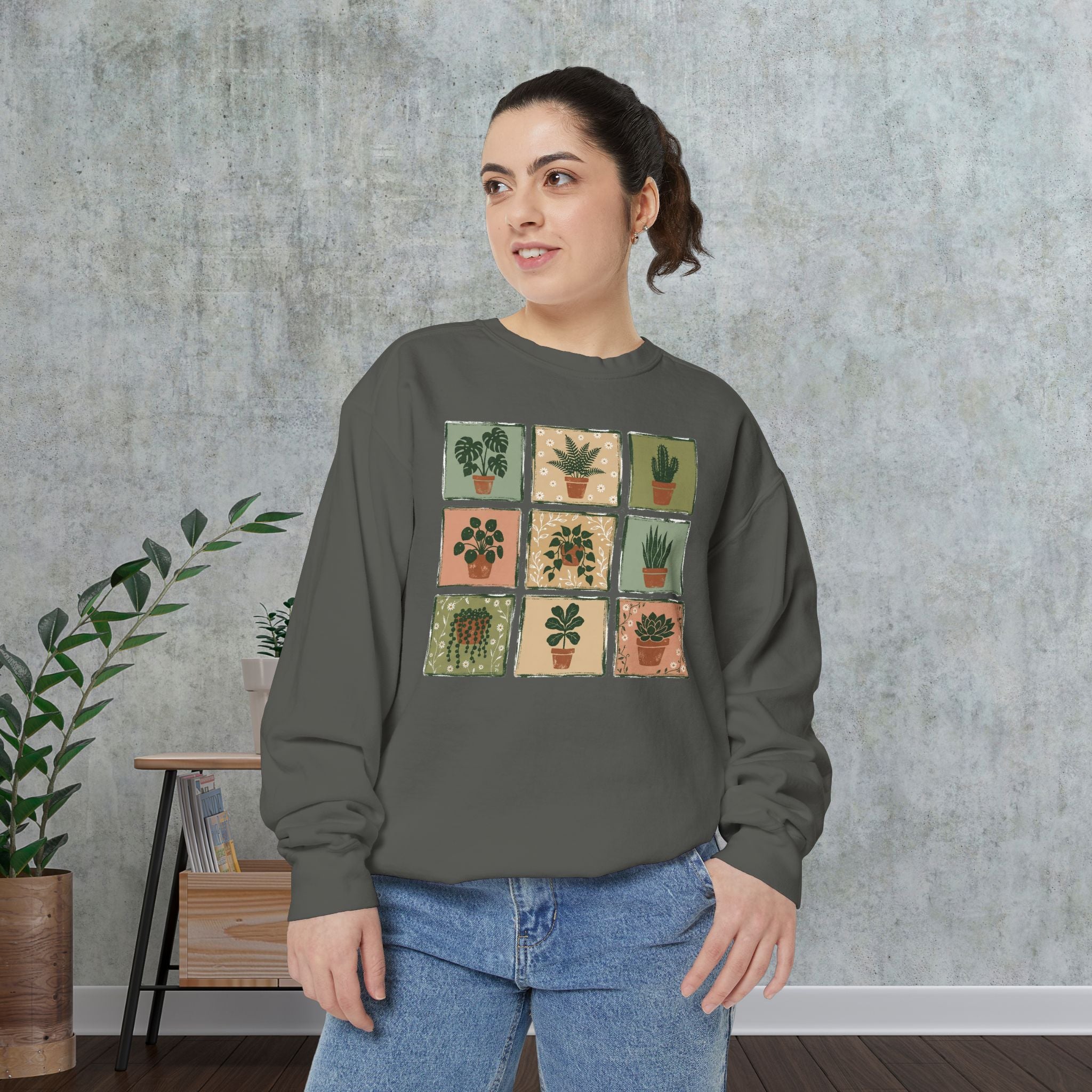Plant Grid Sweatshirt — Vintage Potted Succulents Crewneck