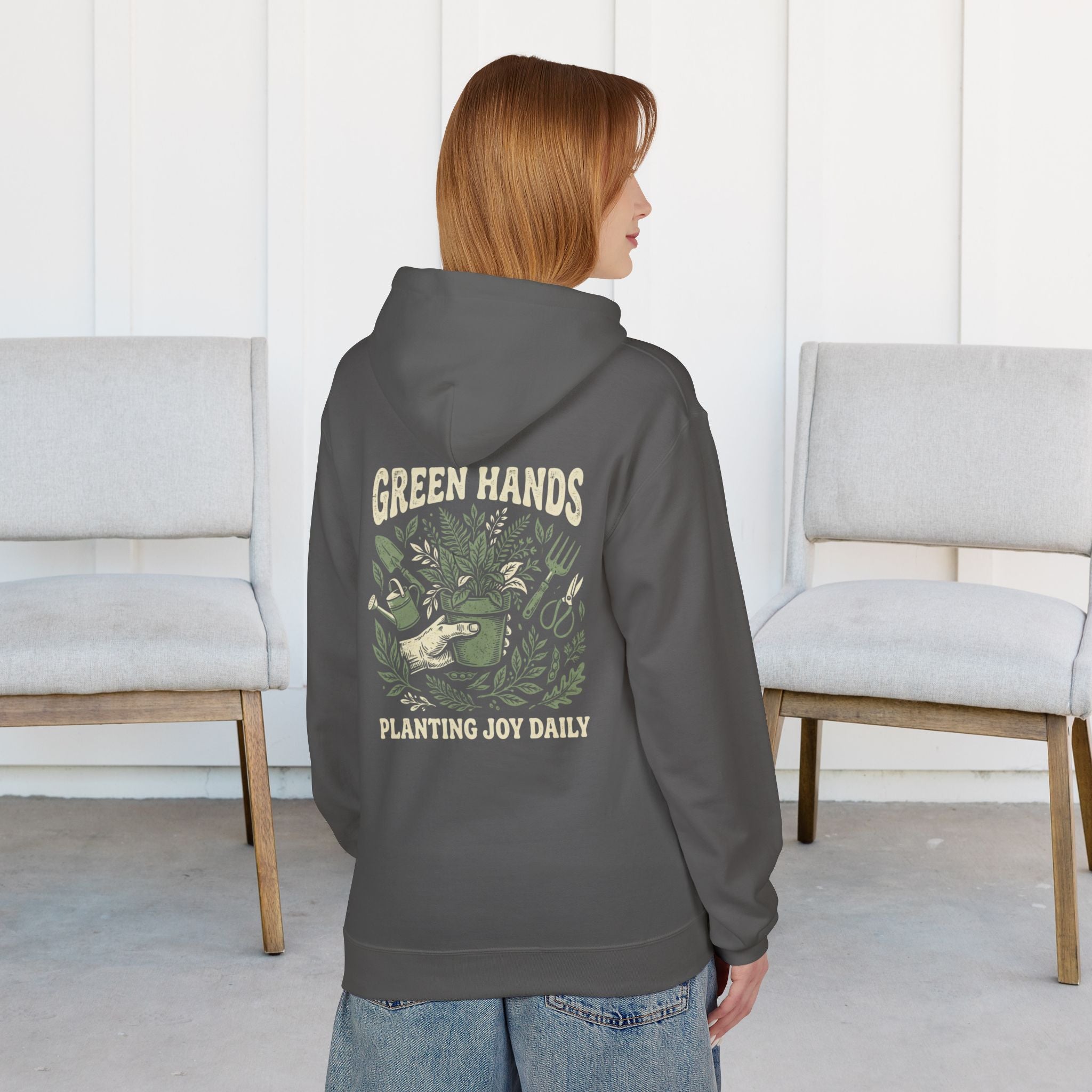 Gardener Hoodie — "Green Hands: Planting Joy Daily" Back Graphic