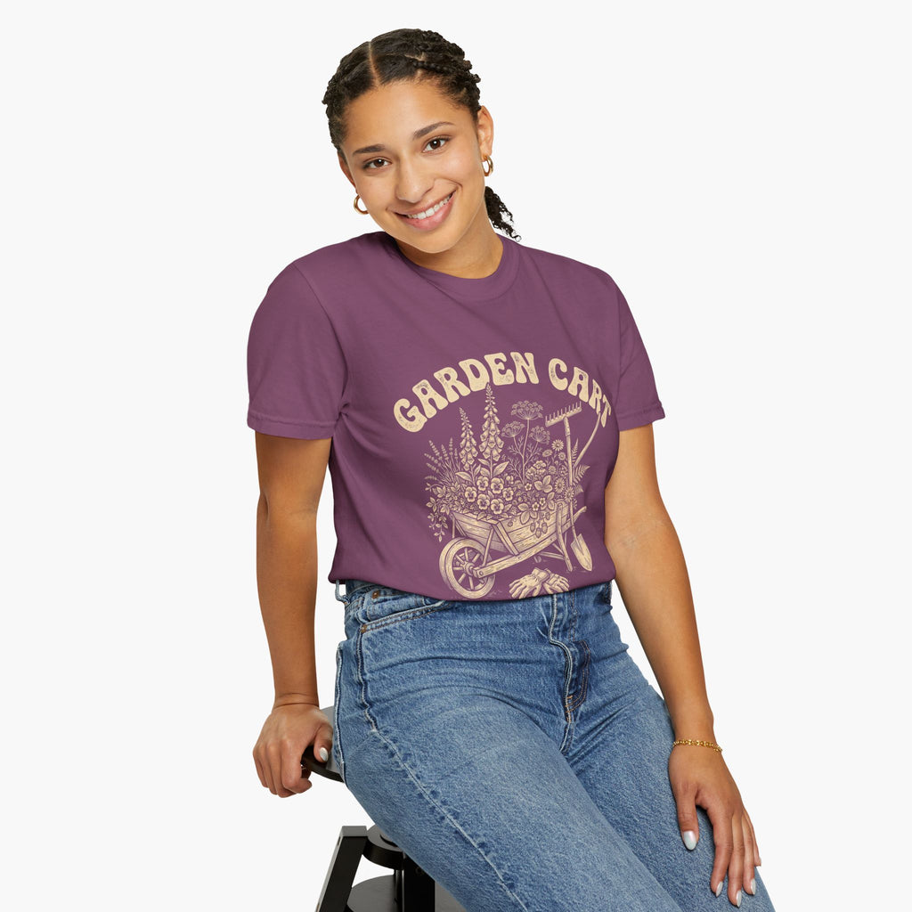 Garden Cart T-Shirt — "Harvesting Happiness Daily" Vintage Gardening Tee