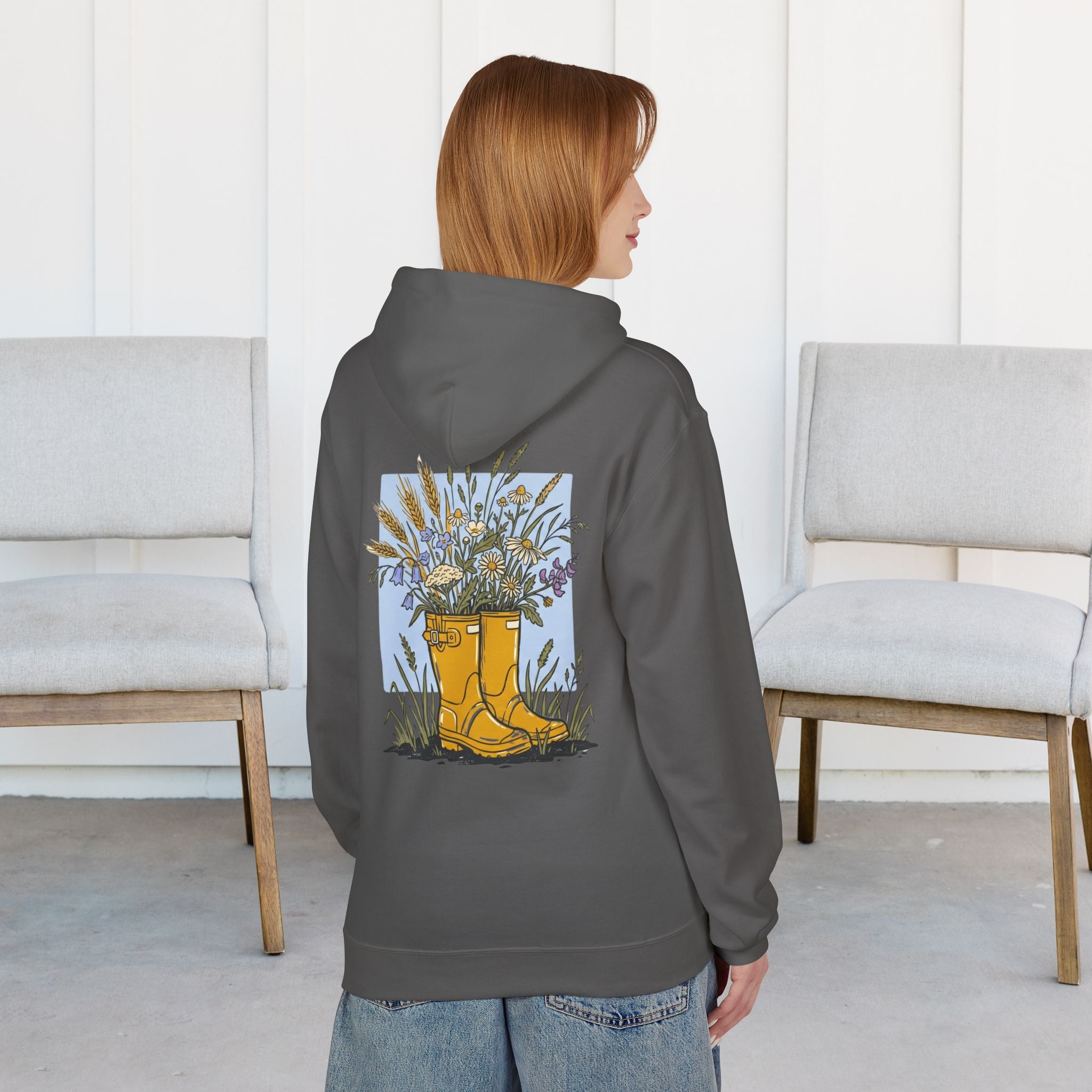 Gardening Boots Floral Hoodie — Yellow Wellies & Wildflowers Pullover