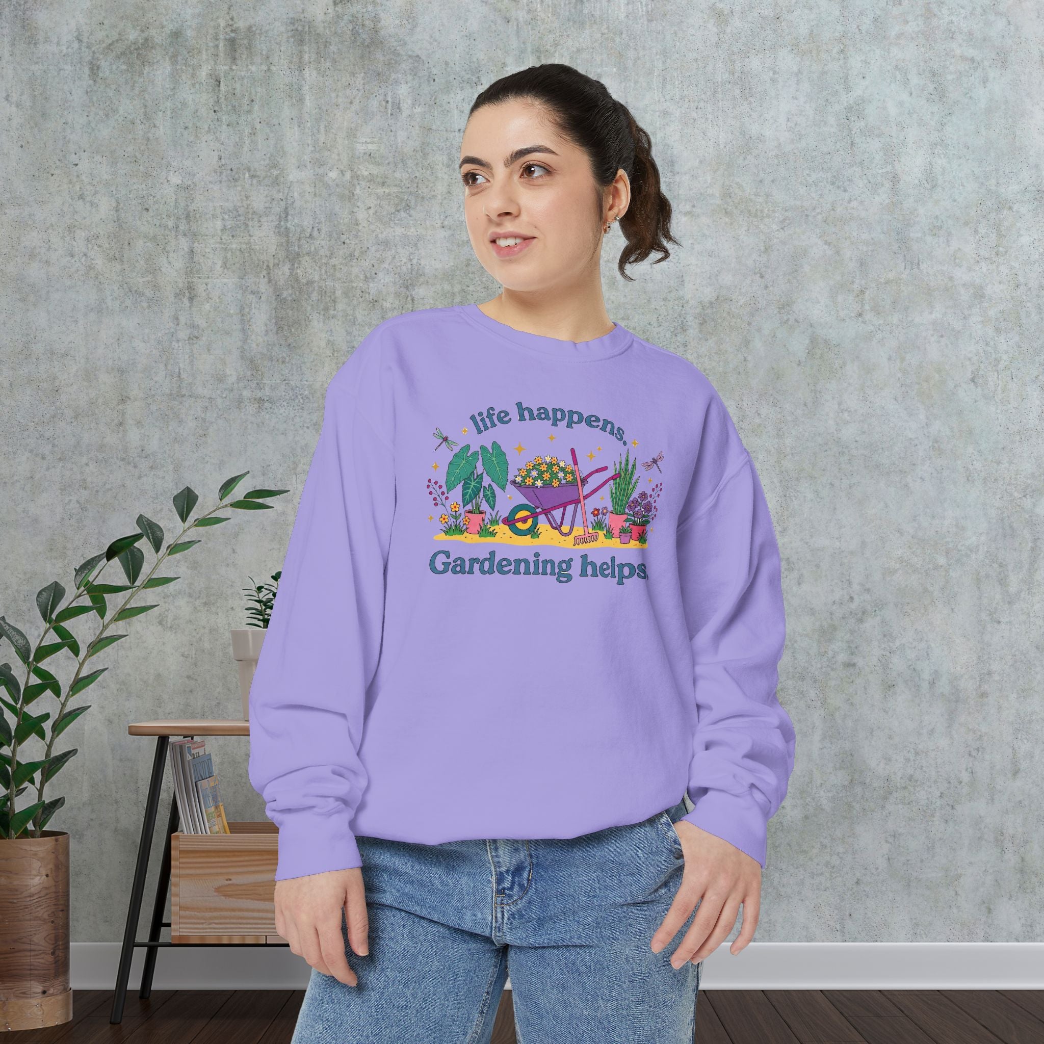Gardening Helps Sweatshirt — "Life Happens, Gardening Helps" Cozy Crewneck