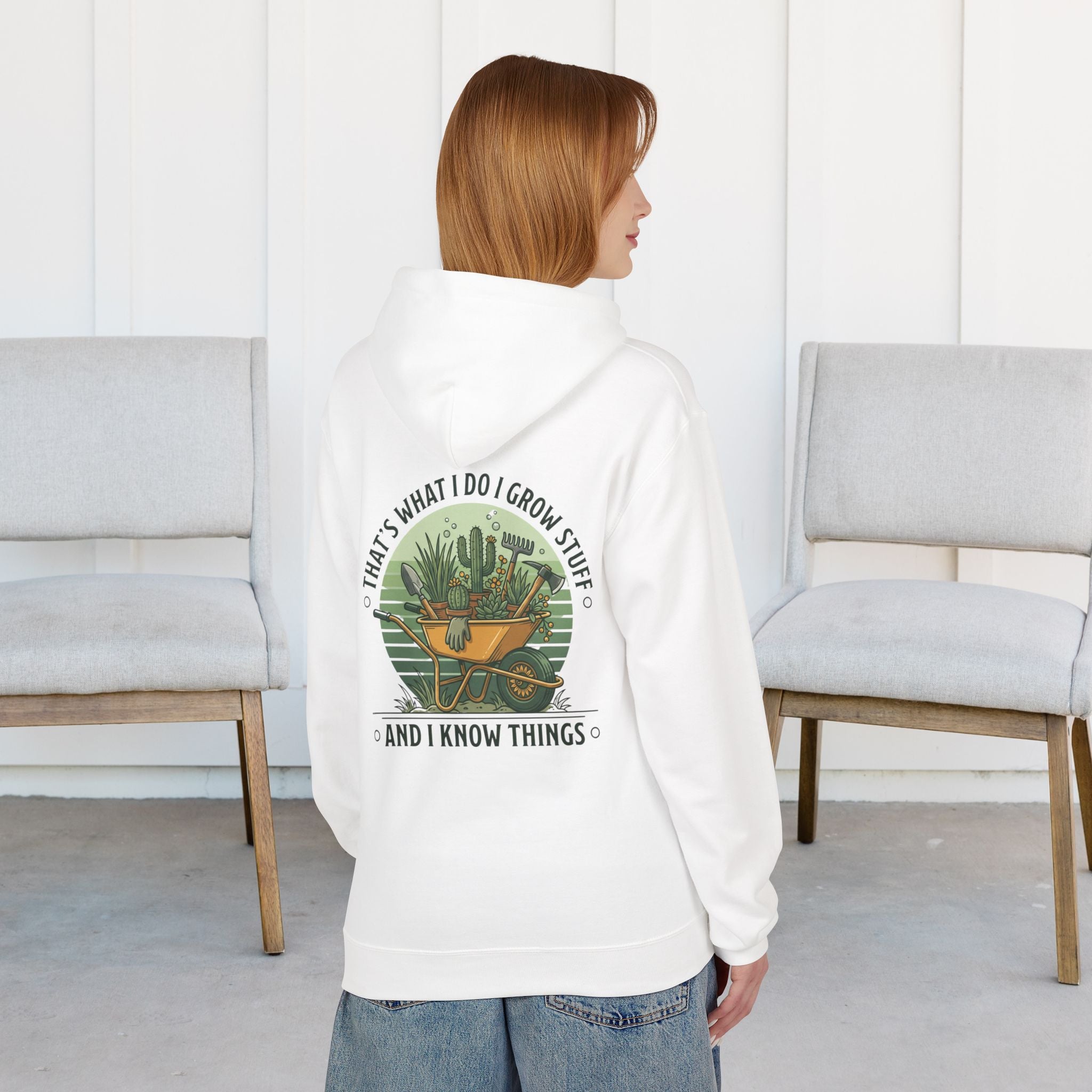 Gardening Hoodie — “I Grow Stuff and I Know Things” Retro Cactus Design