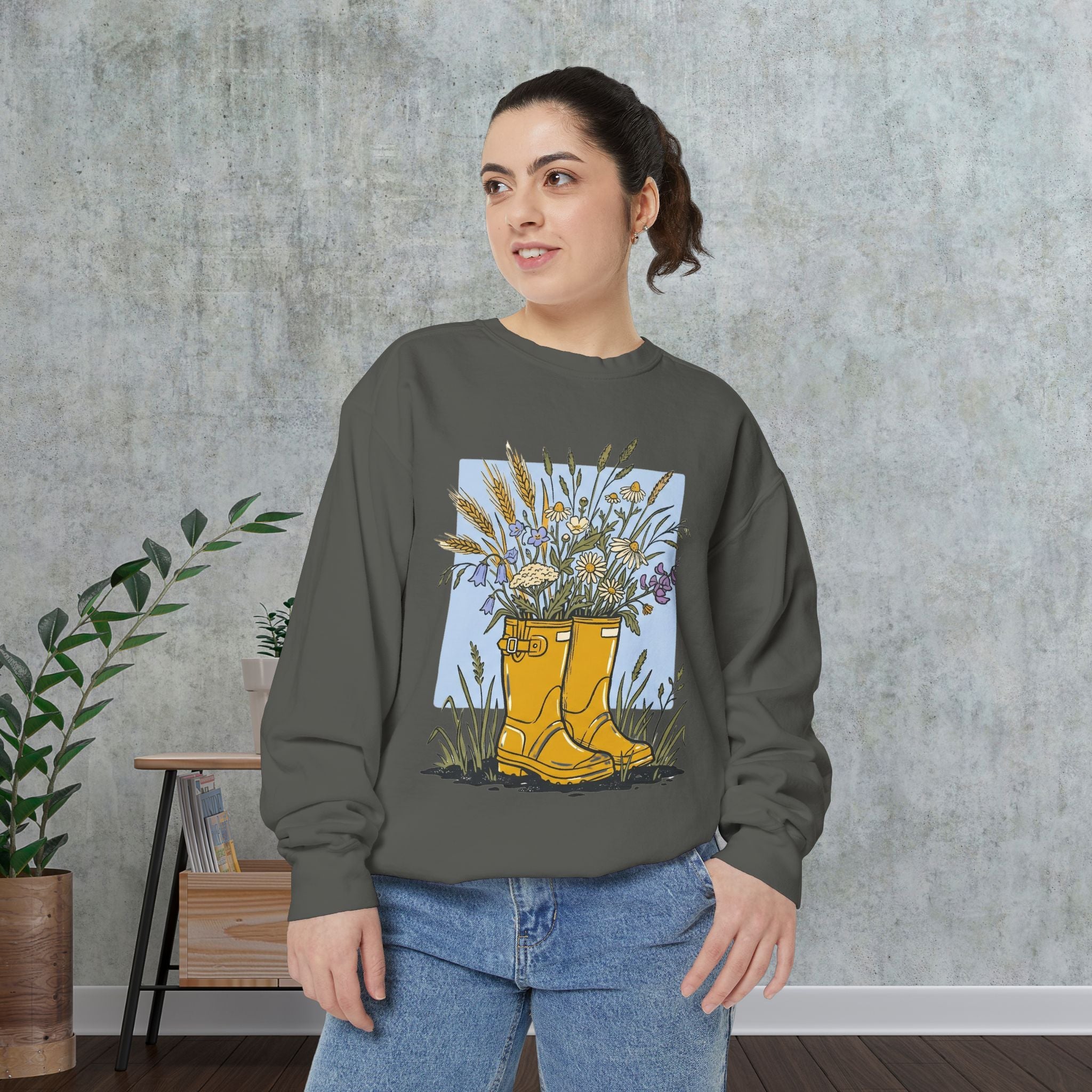 Sweatshirt — Yellow Rain Boots with Wildflowers Graphic