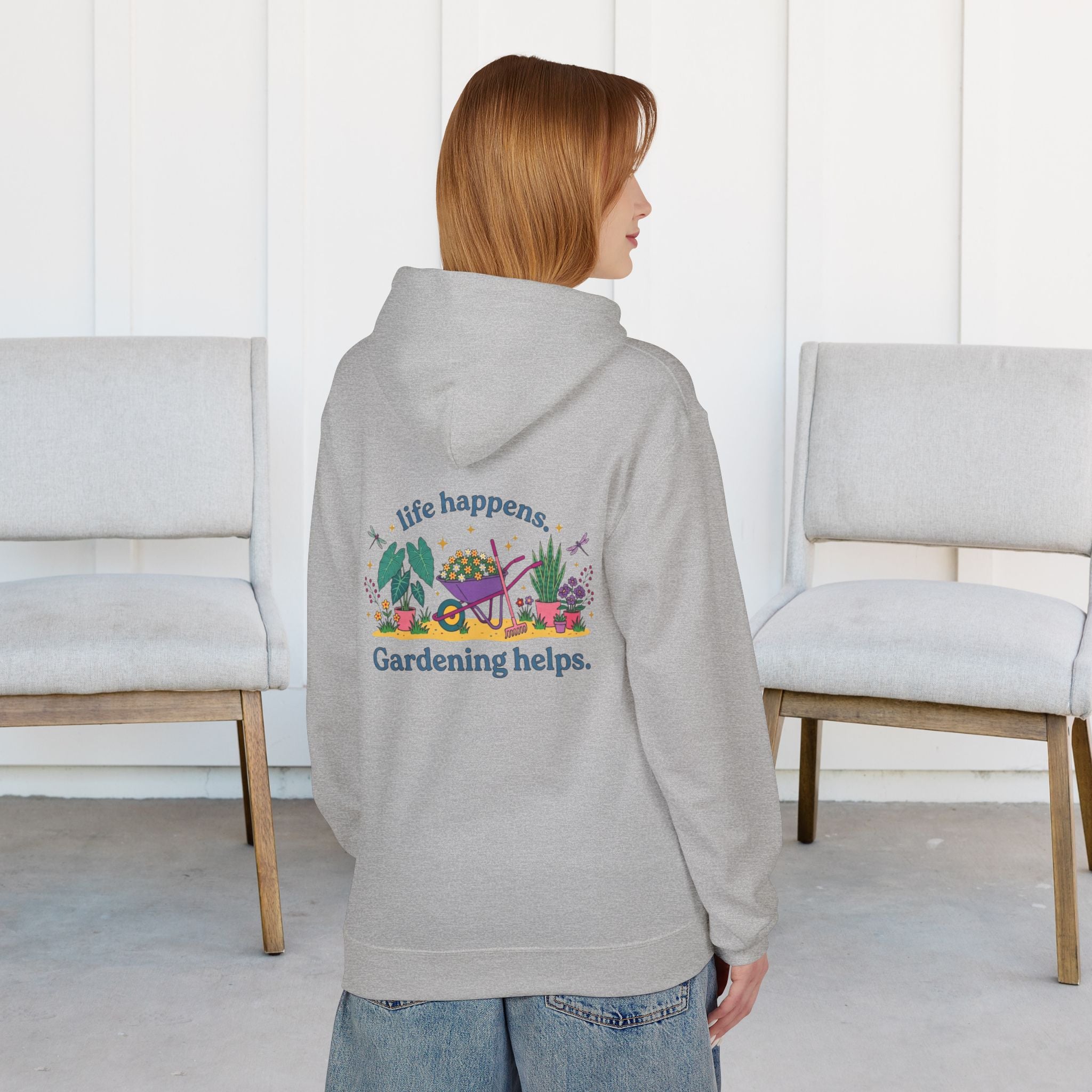 Gardening Hoodie – “Life Happens. Gardening Helps.” Cozy Plant Lover Pullover
