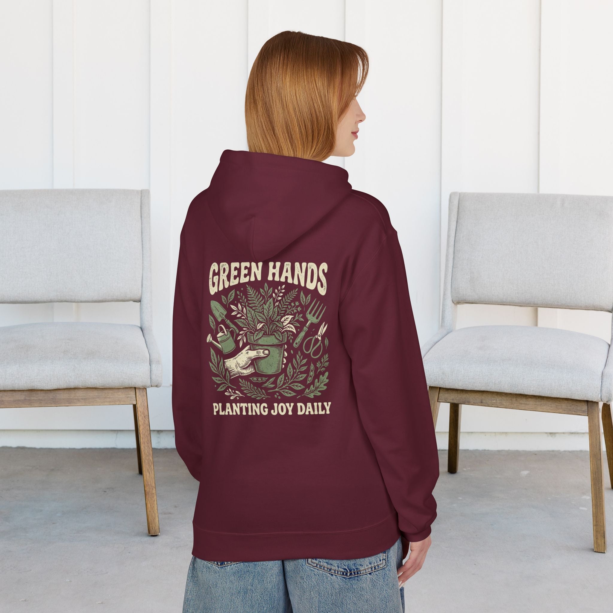 Gardener Hoodie — "Green Hands: Planting Joy Daily" Back Graphic