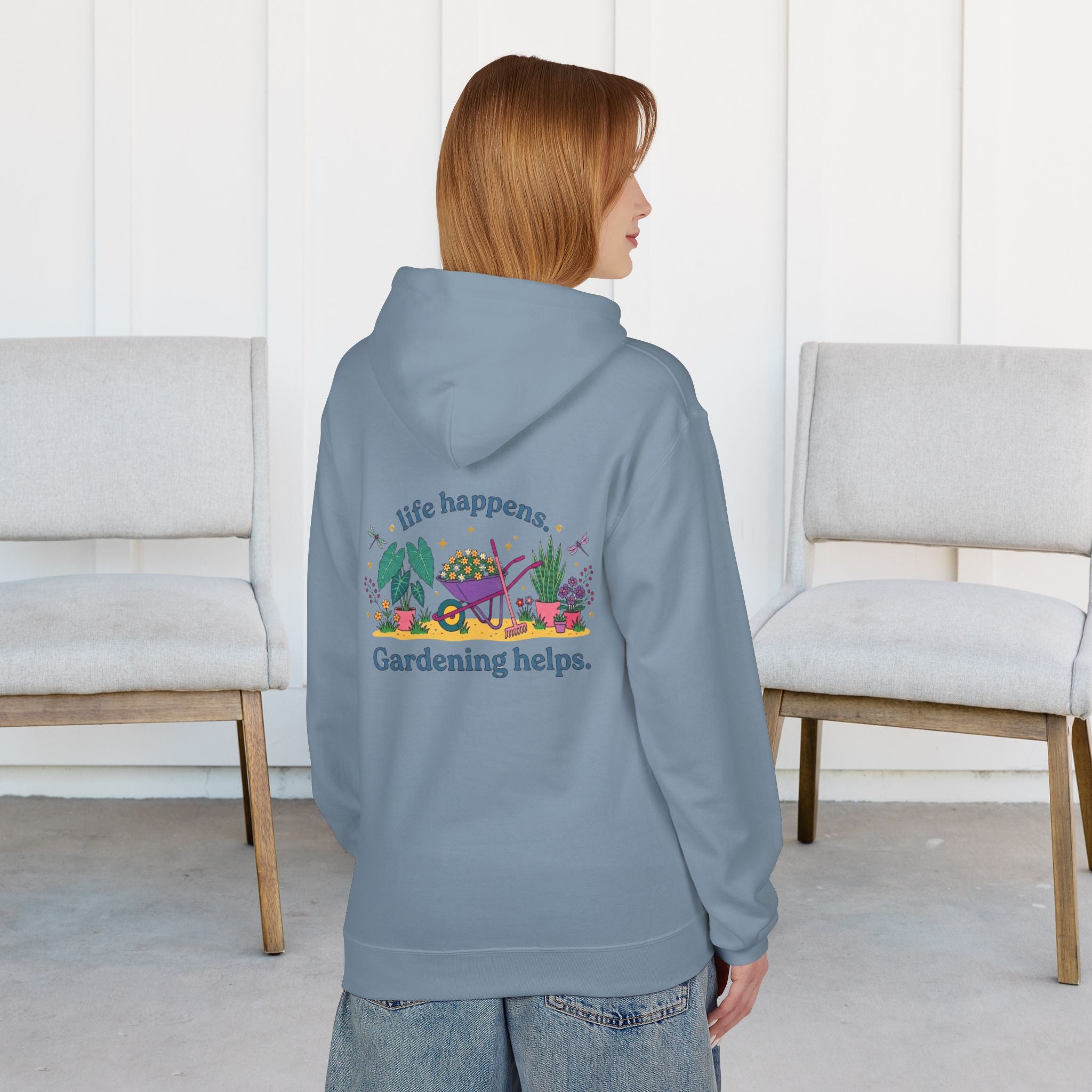 Gardening Hoodie – “Life Happens. Gardening Helps.” Cozy Plant Lover Pullover