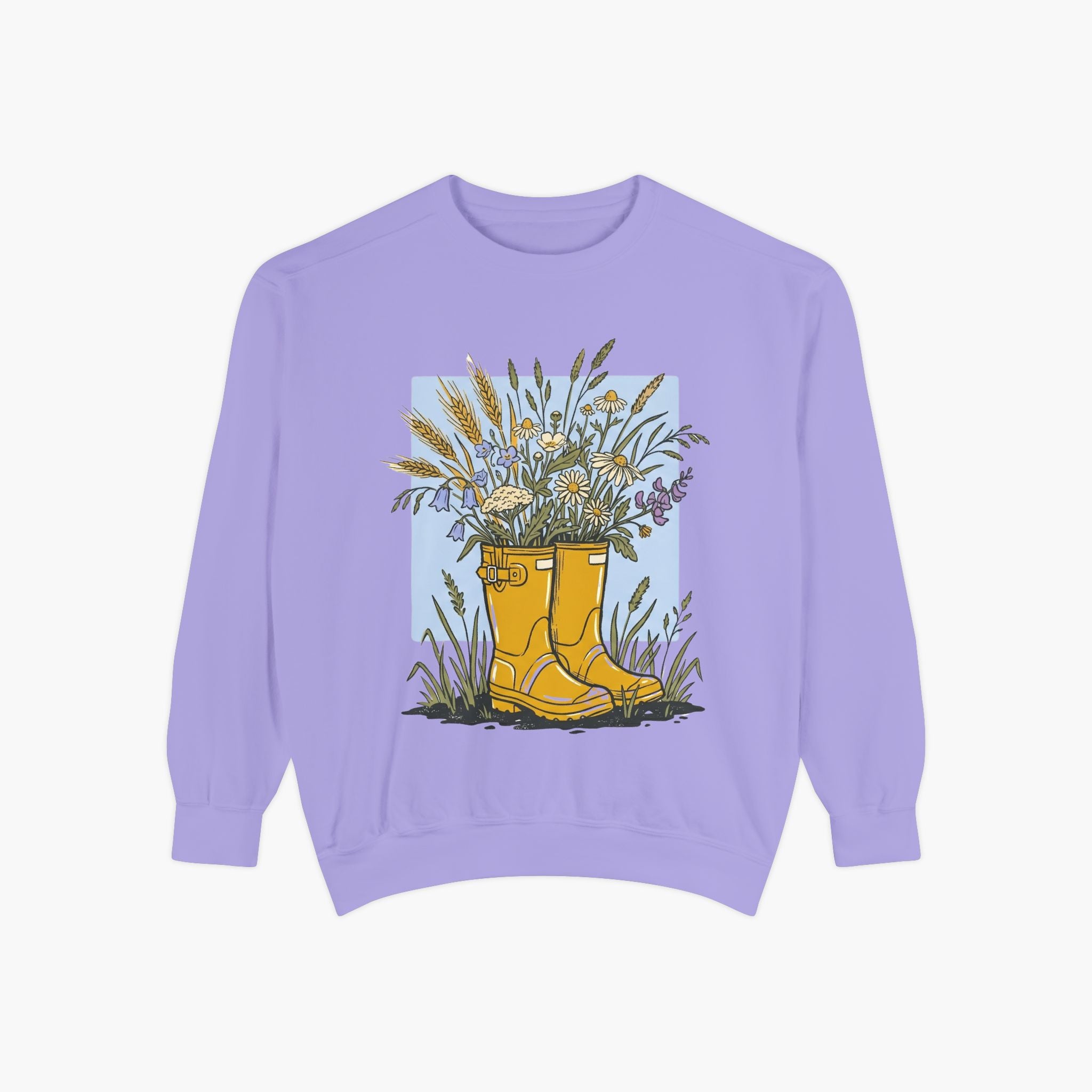 Sweatshirt — Yellow Rain Boots with Wildflowers Graphic