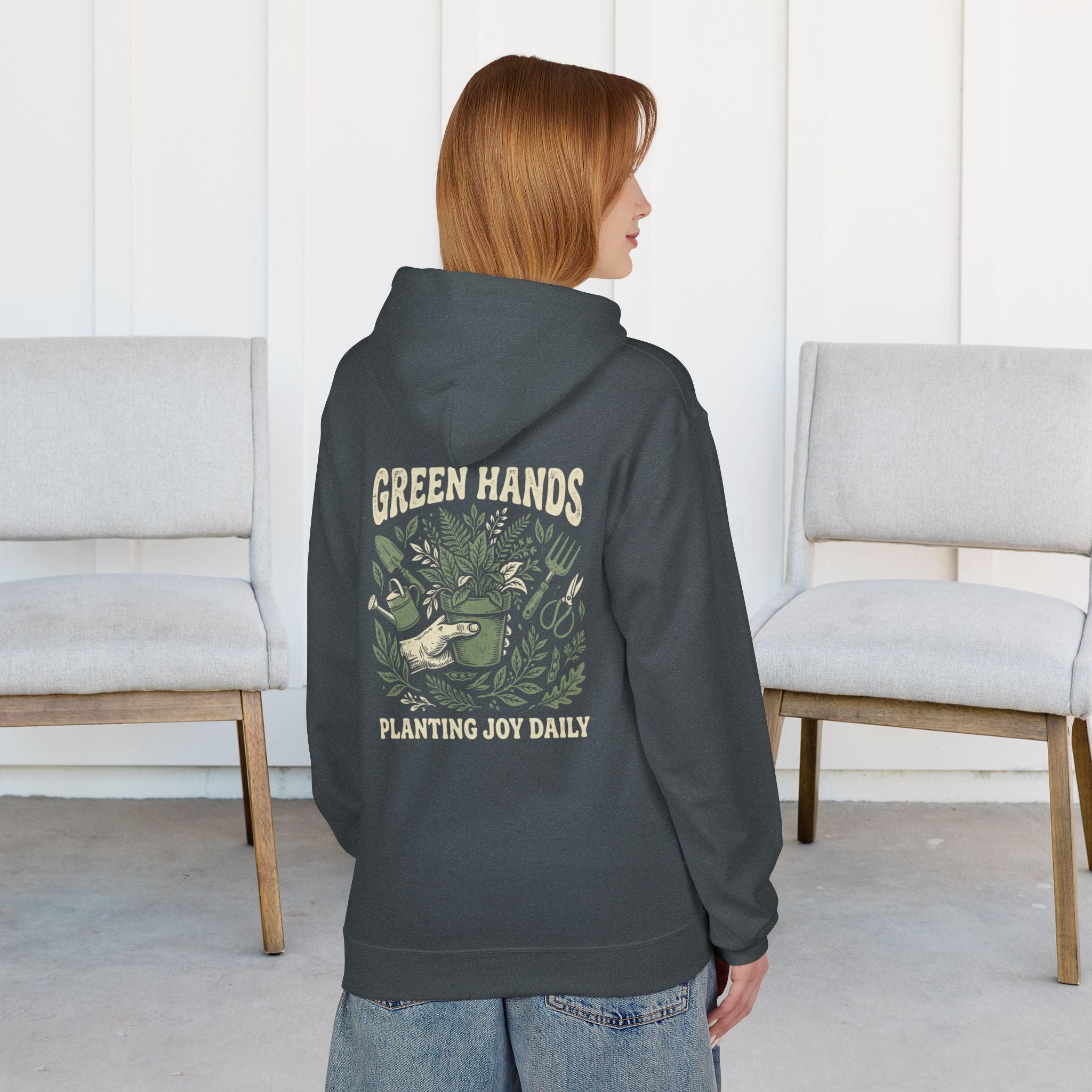 Gardener Hoodie — "Green Hands: Planting Joy Daily" Back Graphic