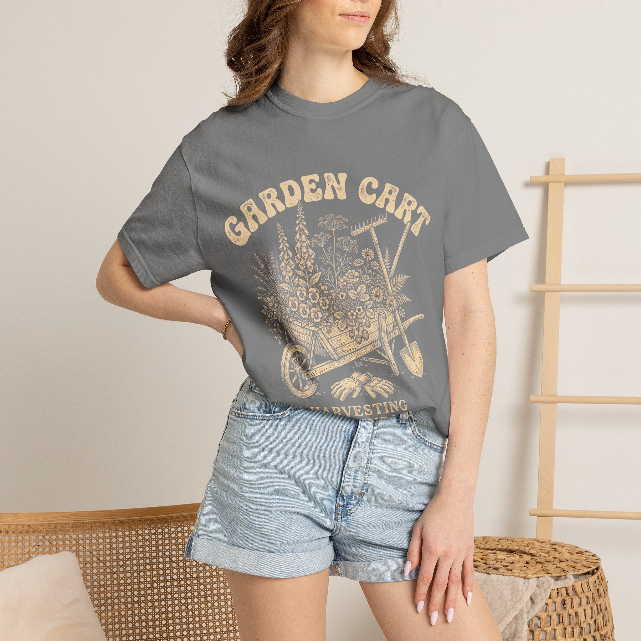 Garden Cart T-Shirt — "Harvesting Happiness Daily" Vintage Gardening Tee