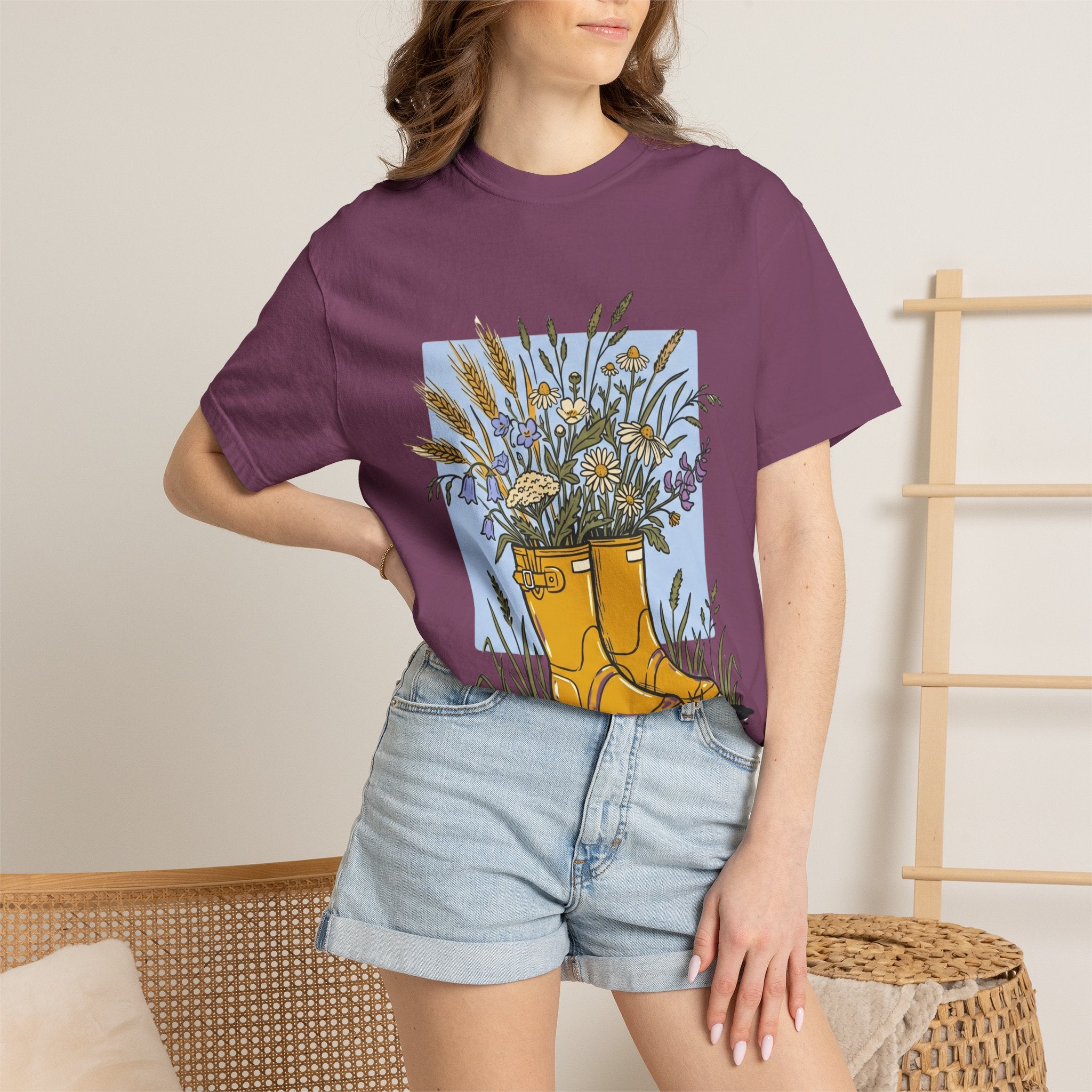 Boots & Wildflowers T-Shirt — Yellow Rain Boot Floral Graphic Tee