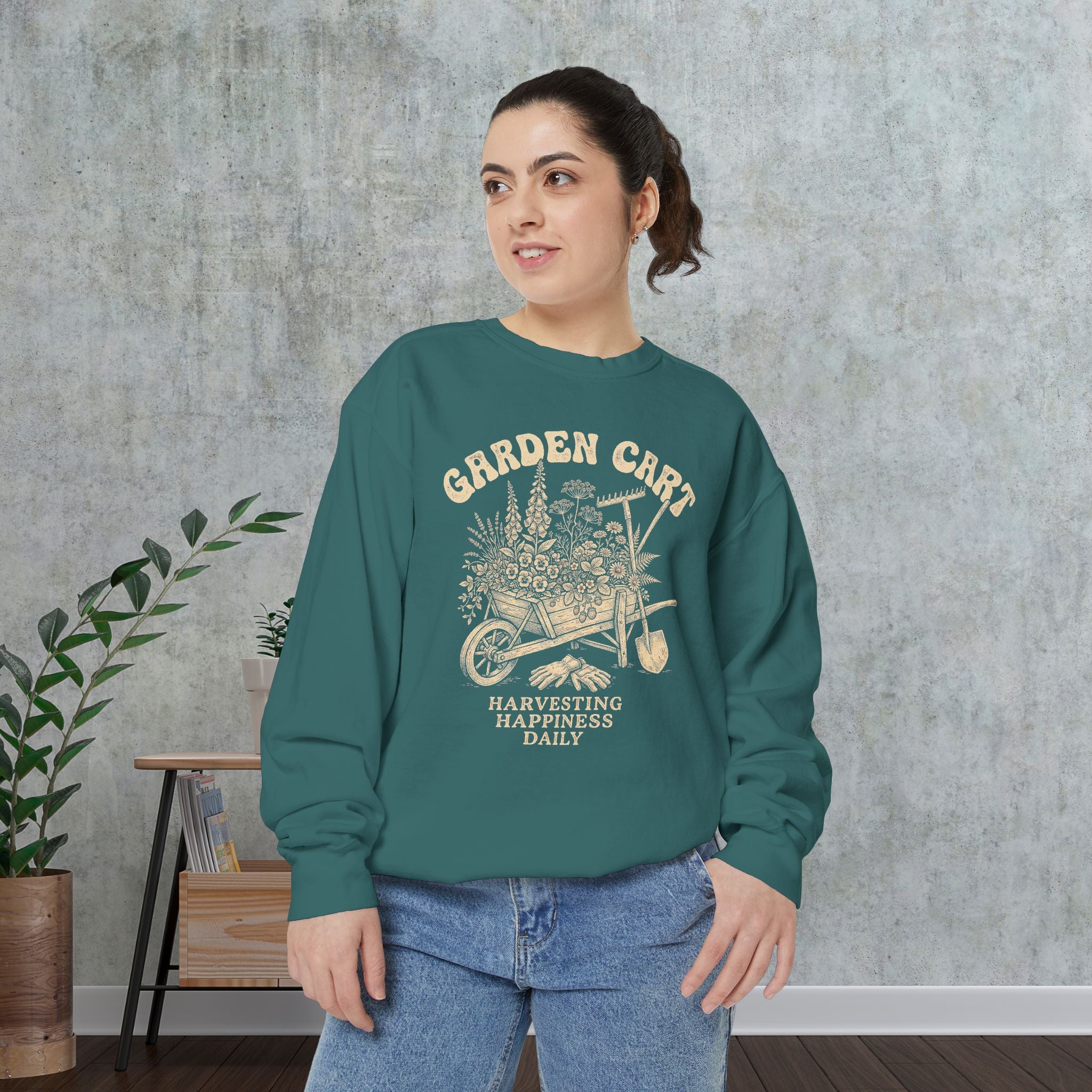 Garden Cart Sweatshirt — "Harvesting Happiness Daily" Cozy Gardener Crewneck