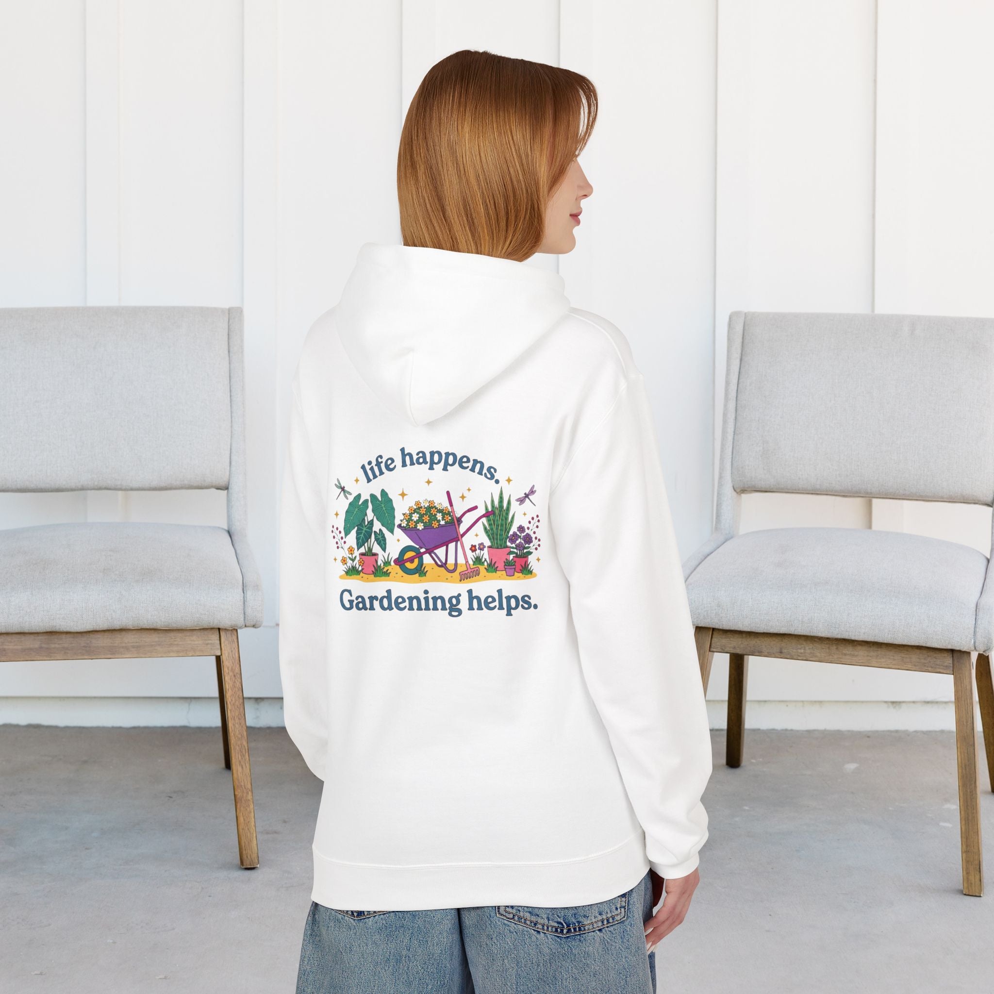 Gardening Hoodie – “Life Happens. Gardening Helps.” Cozy Plant Lover Pullover