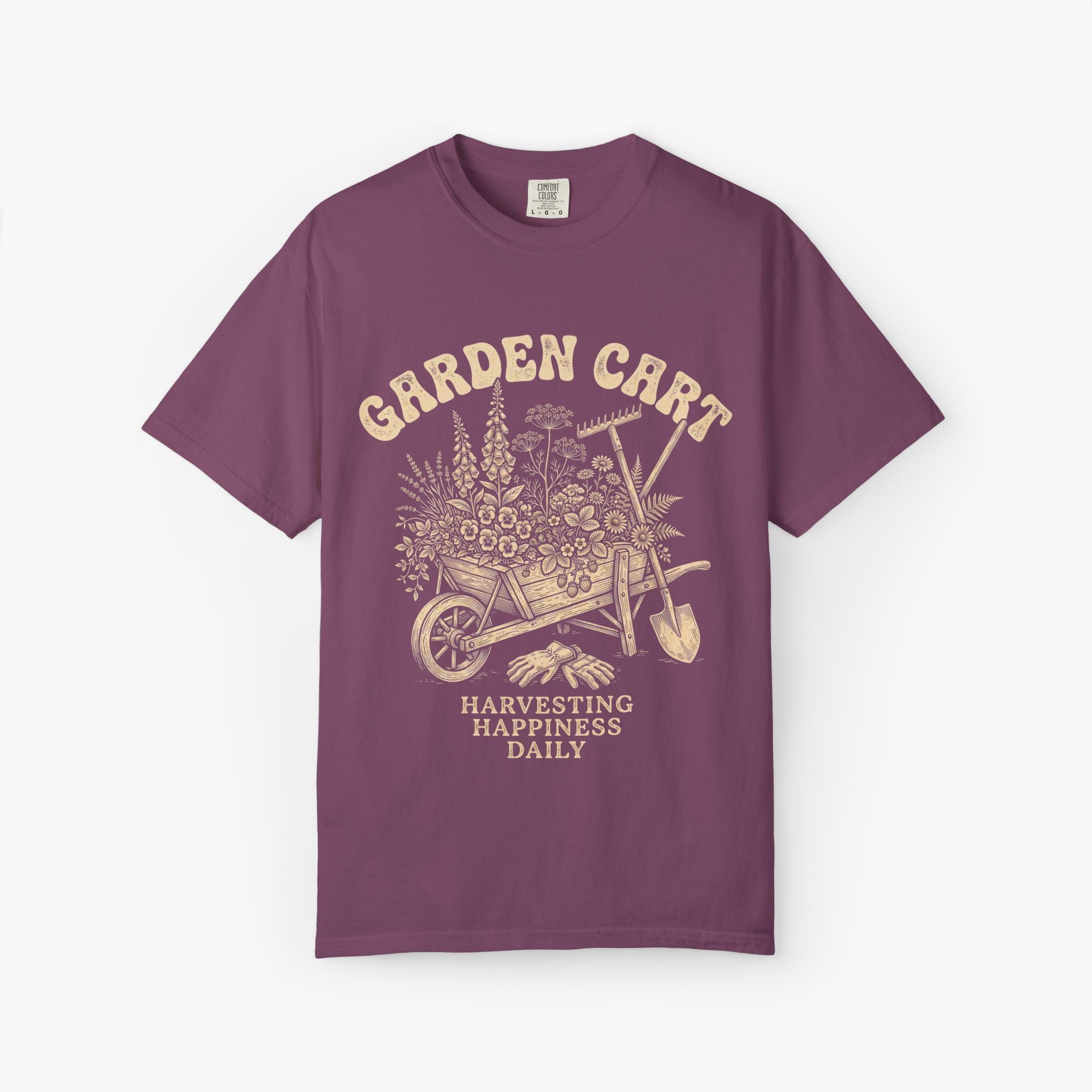 Garden Cart T-Shirt — "Harvesting Happiness Daily" Vintage Gardening Tee