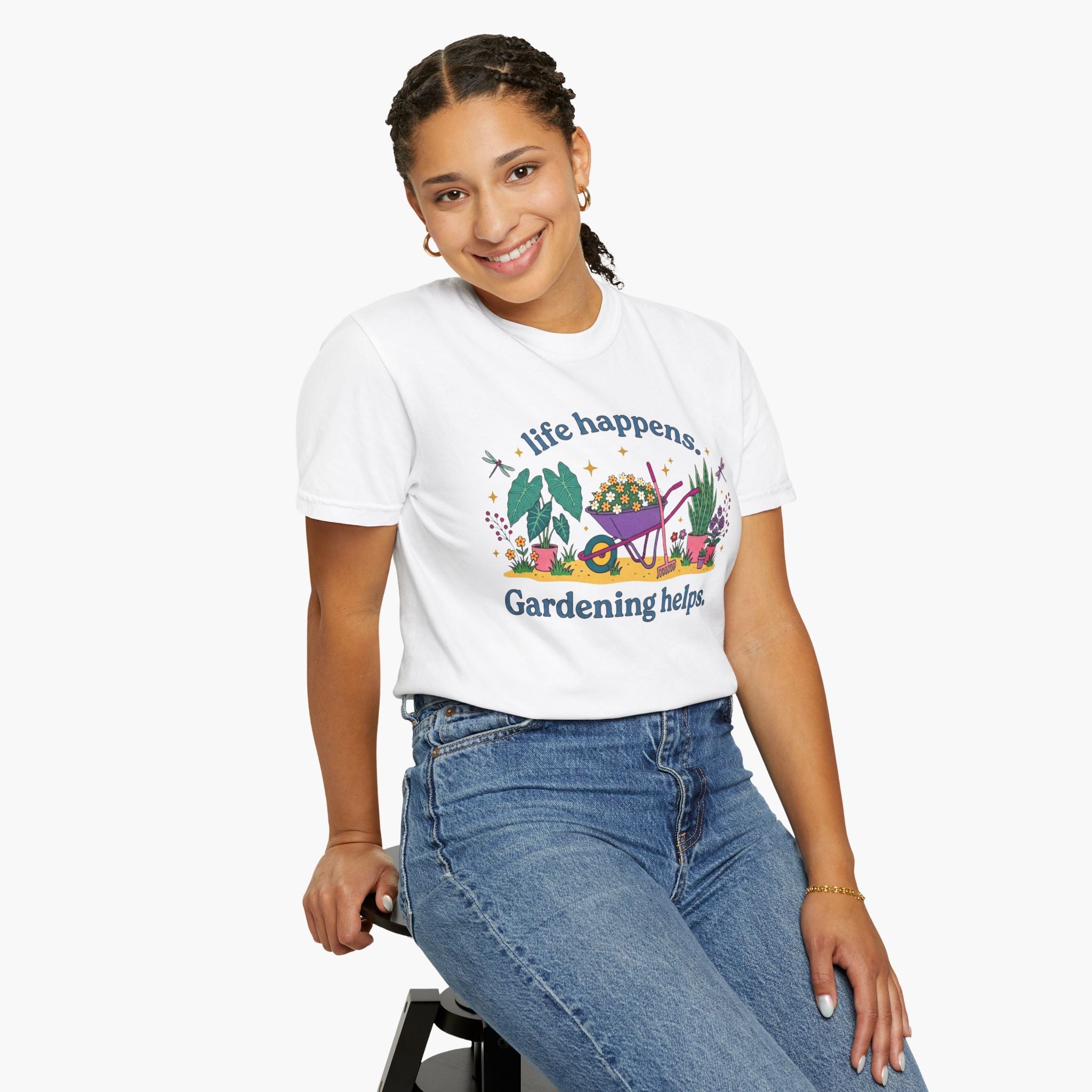 Gardening Helps T-Shirt — "Life Happens, Gardening Helps" Wheelbarrow Garden Tee