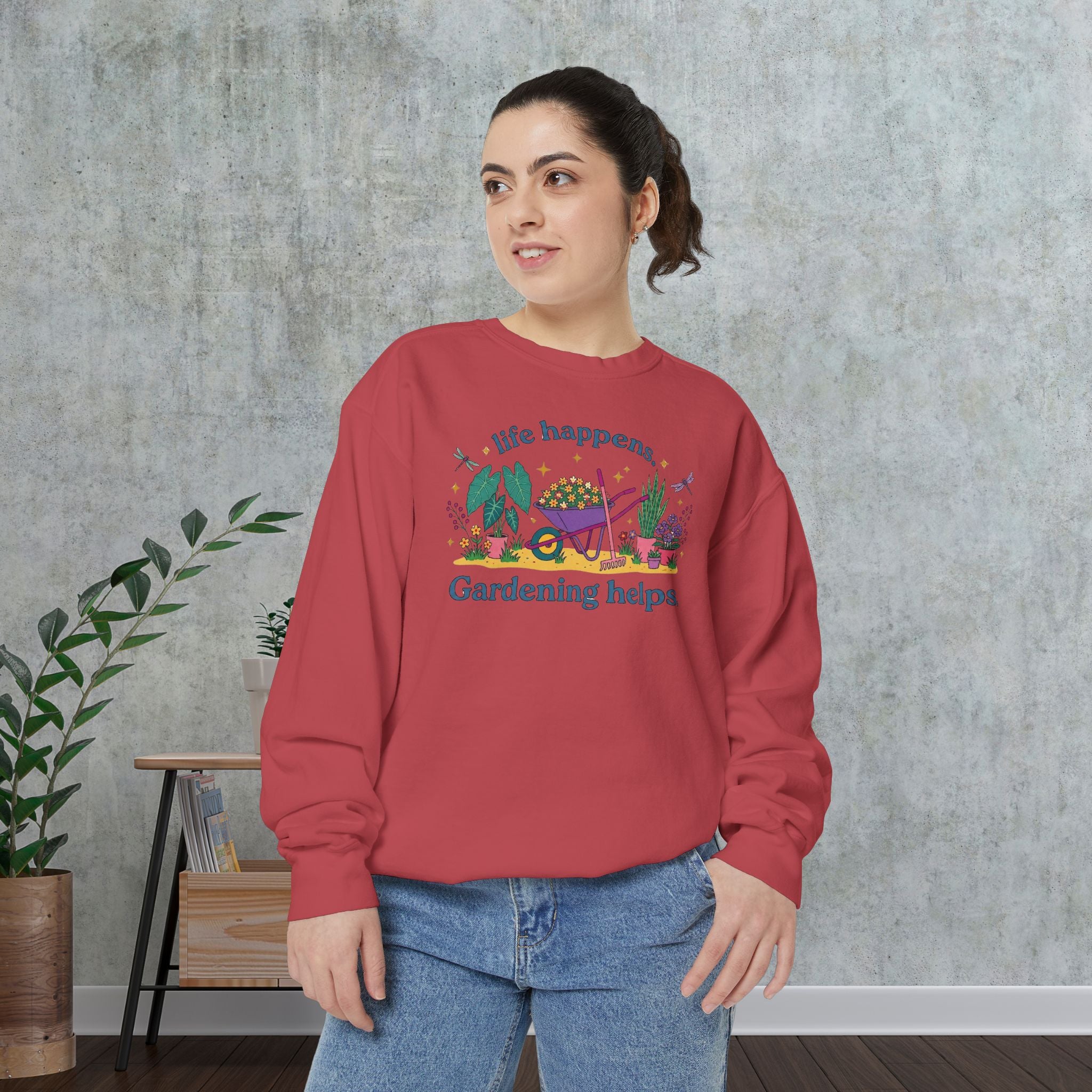 Gardening Helps Sweatshirt — "Life Happens, Gardening Helps" Cozy Crewneck