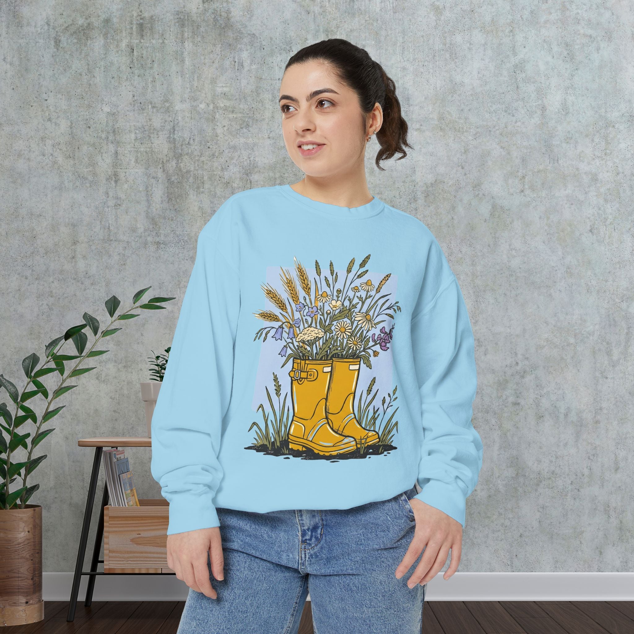 Sweatshirt — Yellow Rain Boots with Wildflowers Graphic