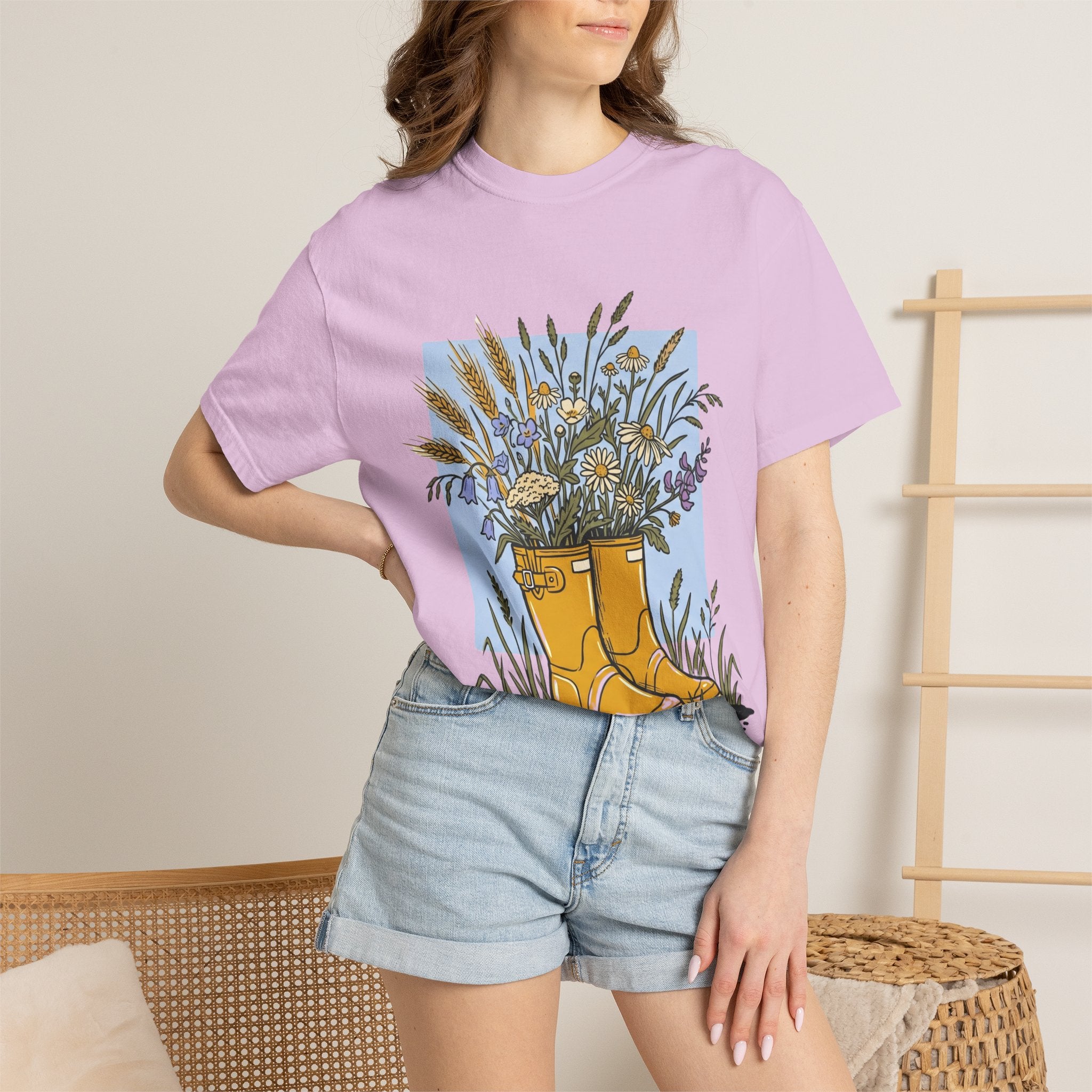 Boots & Wildflowers T-Shirt — Yellow Rain Boot Floral Graphic Tee
