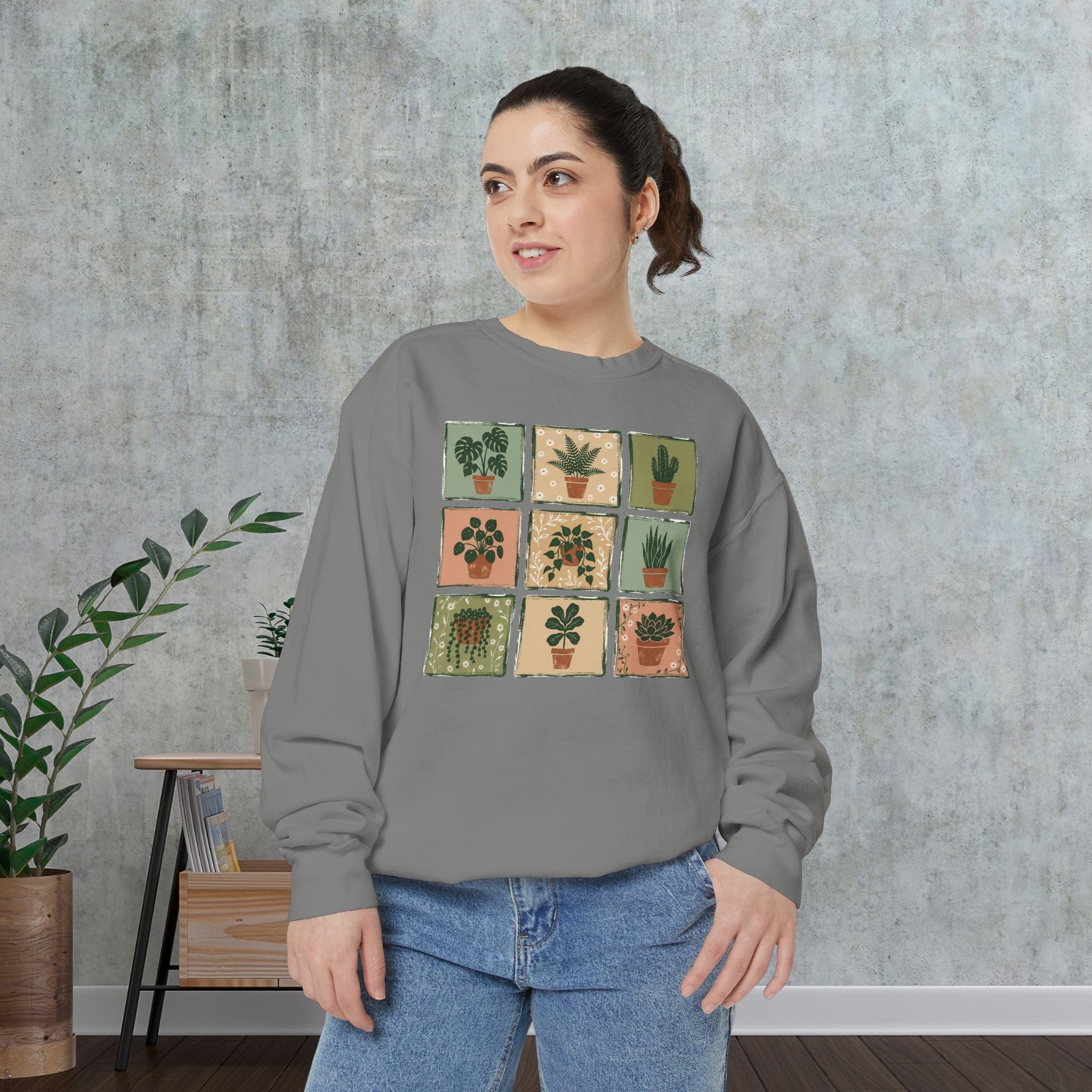 Plant Grid Sweatshirt — Vintage Potted Succulents Crewneck