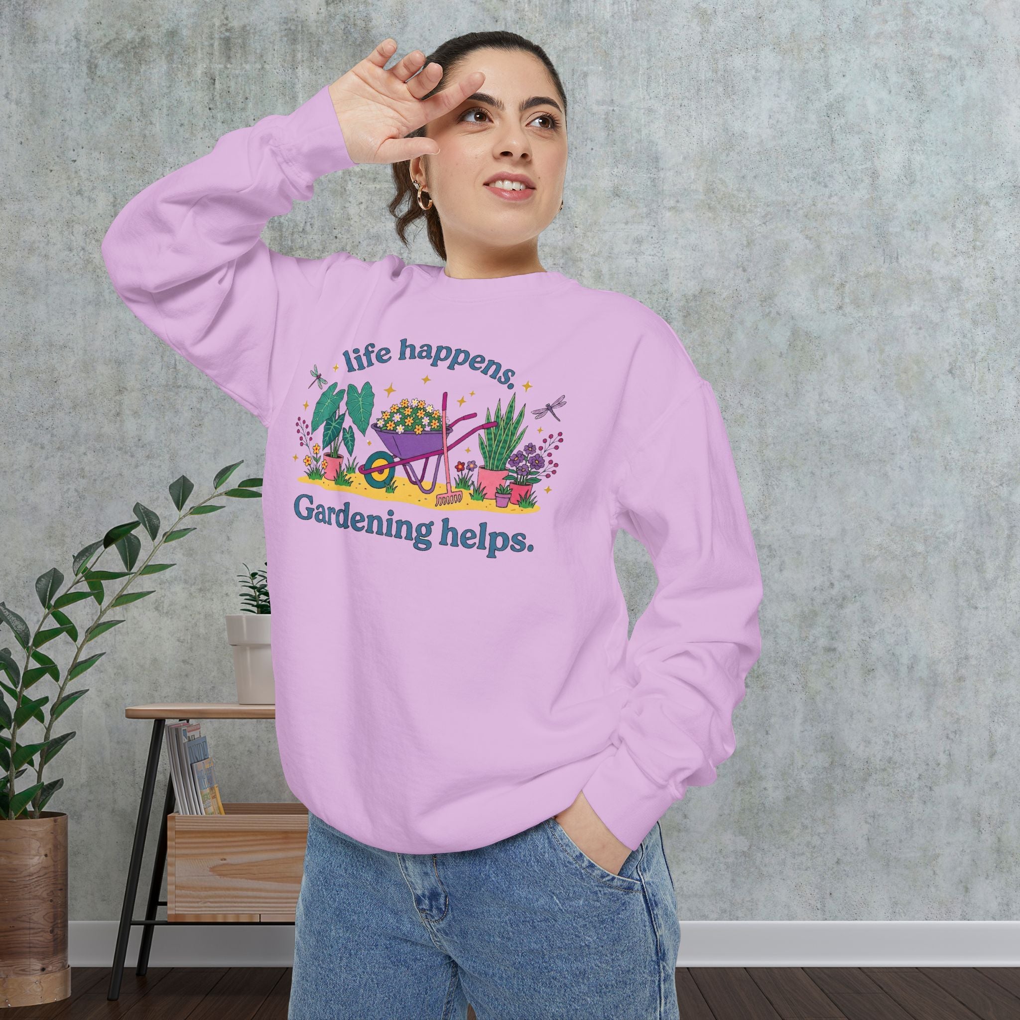 Gardening Helps Sweatshirt — "Life Happens, Gardening Helps" Cozy Crewneck