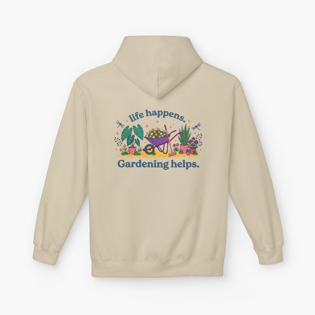 Gardening Hoodie – “Life Happens. Gardening Helps.” Cozy Plant Lover Pullover