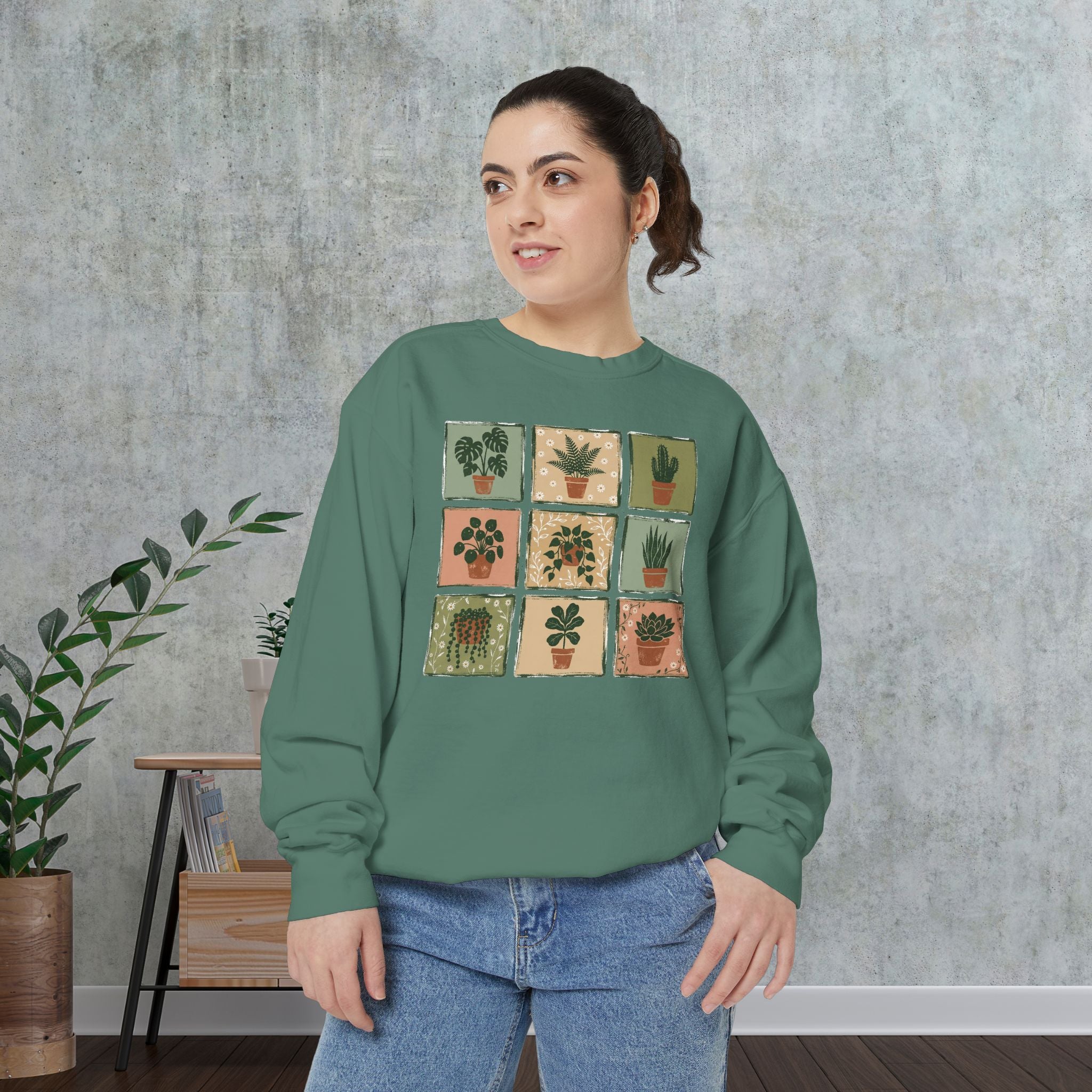 Plant Grid Sweatshirt — Vintage Potted Succulents Crewneck