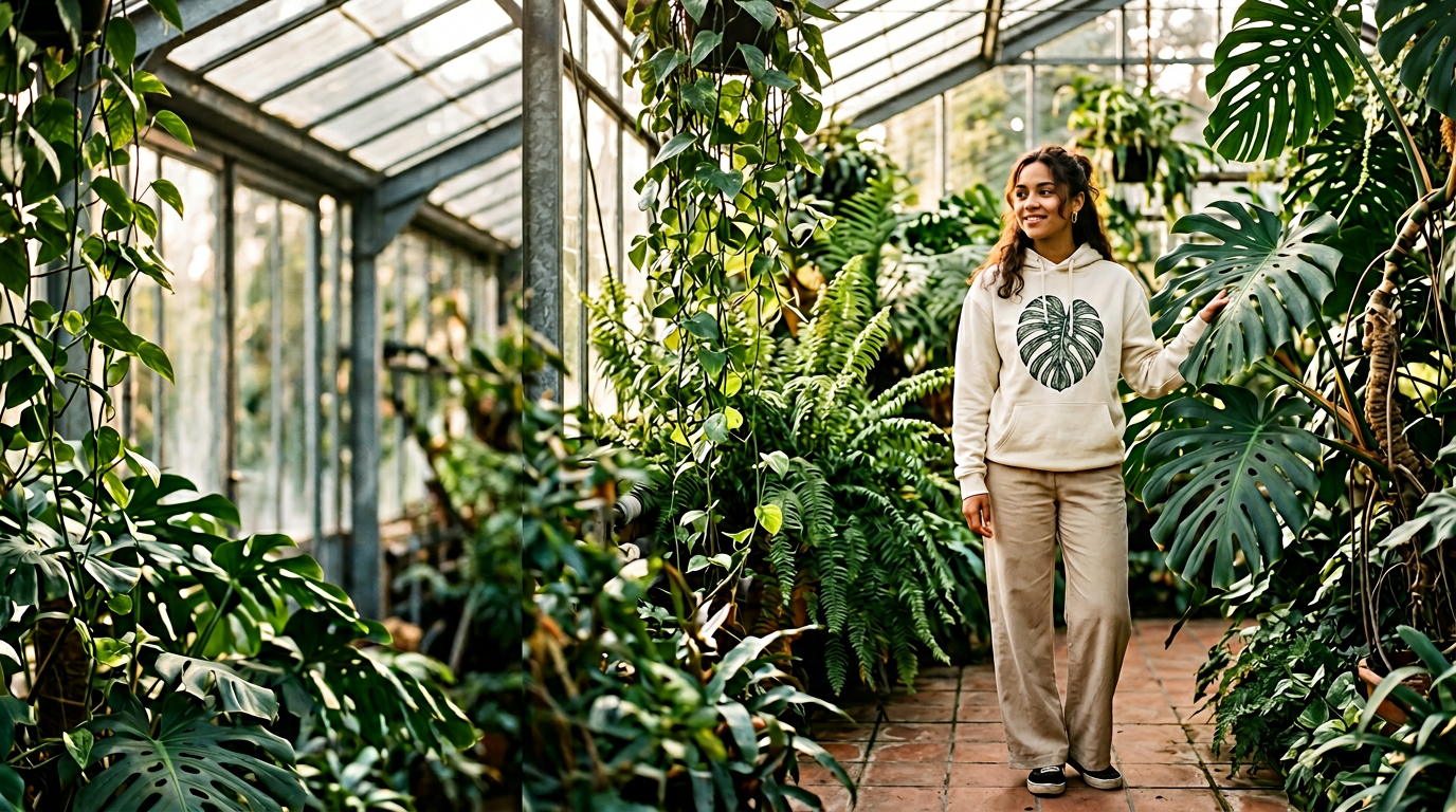 Woman standing among lush green plants in a greenhouse