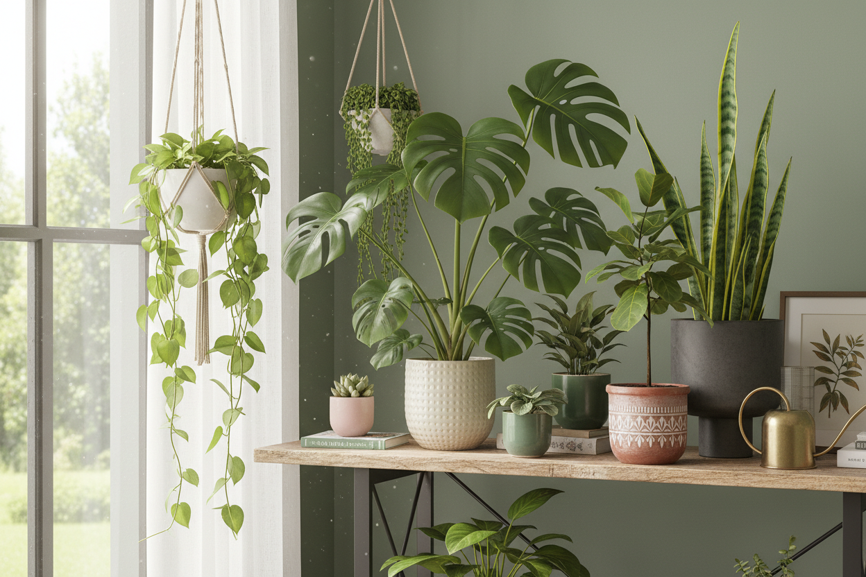 Indoor plants on a wooden shelf against a green wall with a window in the background.